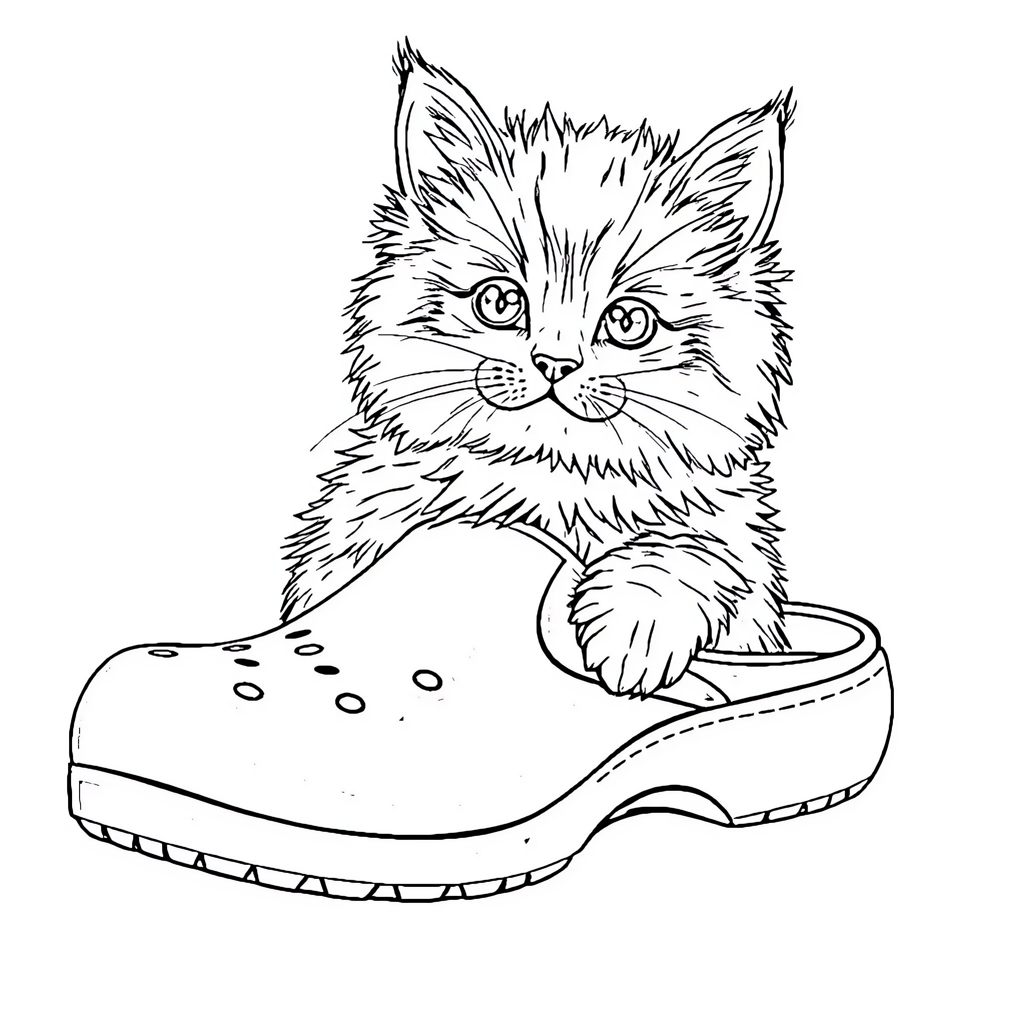 Kitten peeking out from a shoe Coloring Page (free black-and-white line drawing printable PDF for all, from beginners to advanced learners, including children, teens, adults, and seniors)
