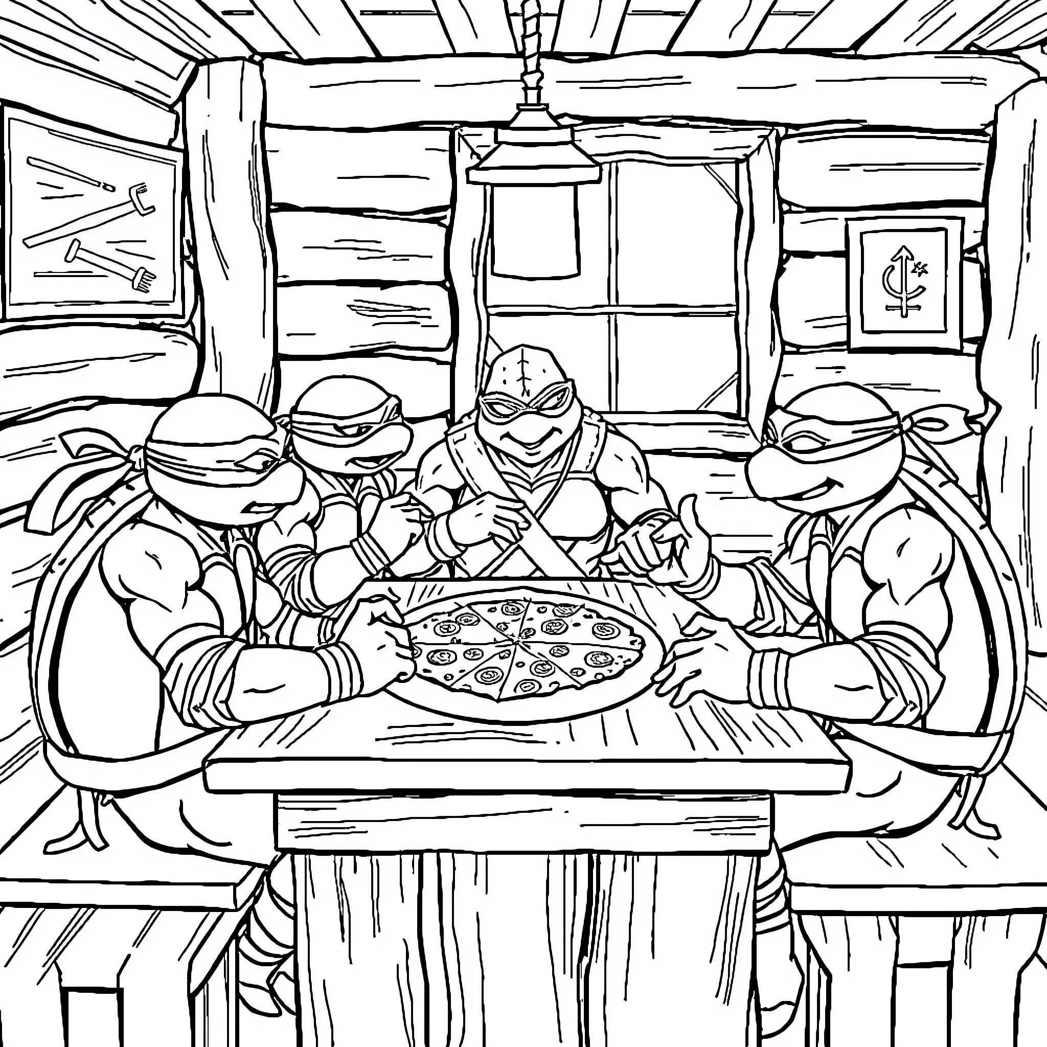 Ninja Turtles enjoying a pizza feast together Coloring Page (free black-and-white line drawing printable PDF for all, from beginners to advanced learners, including children, teens, adults, and seniors)