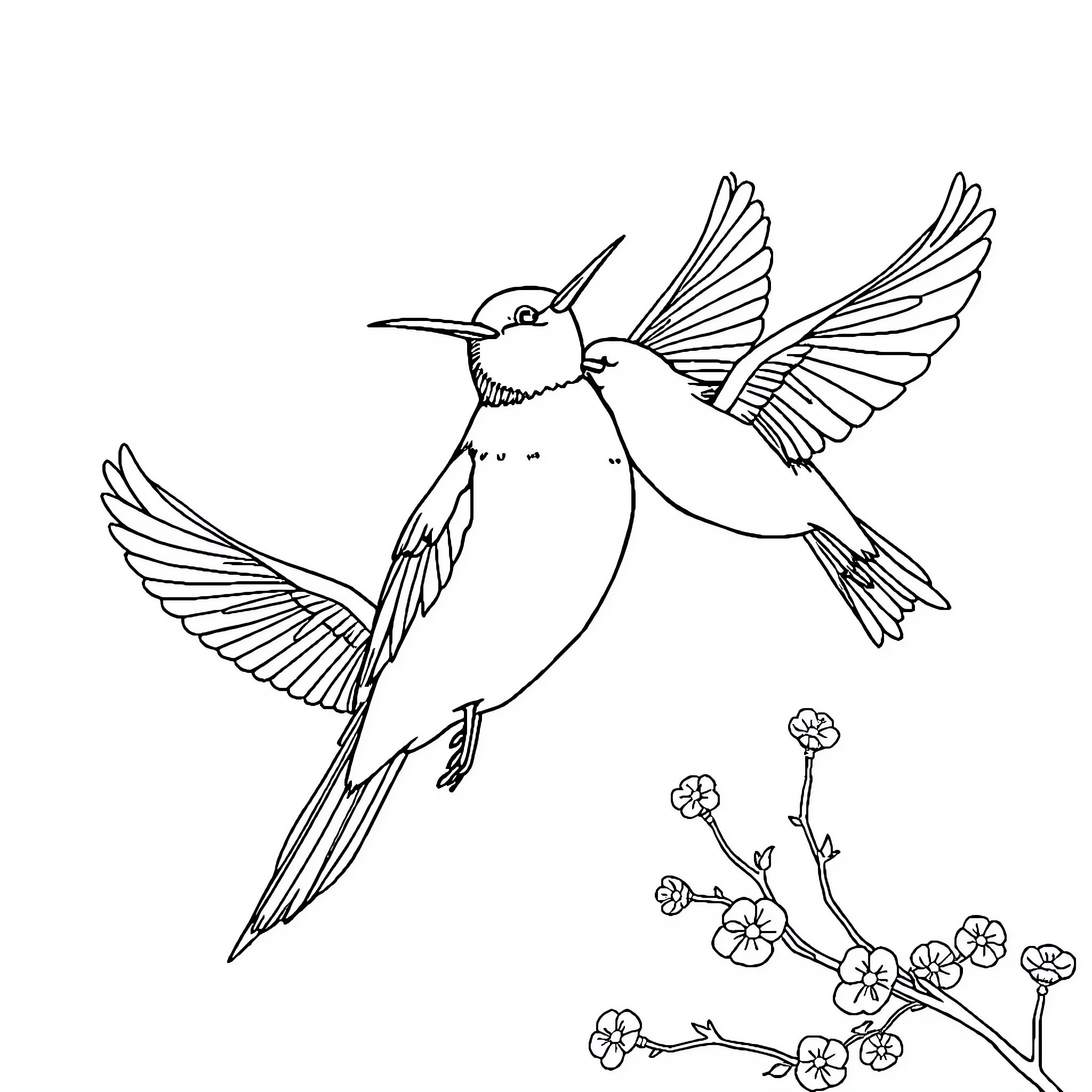 Birds soaring gracefully over floral branch Coloring Page (free black-and-white line drawing printable PDF for all, from beginners to advanced learners, including children, teens, adults, and seniors)