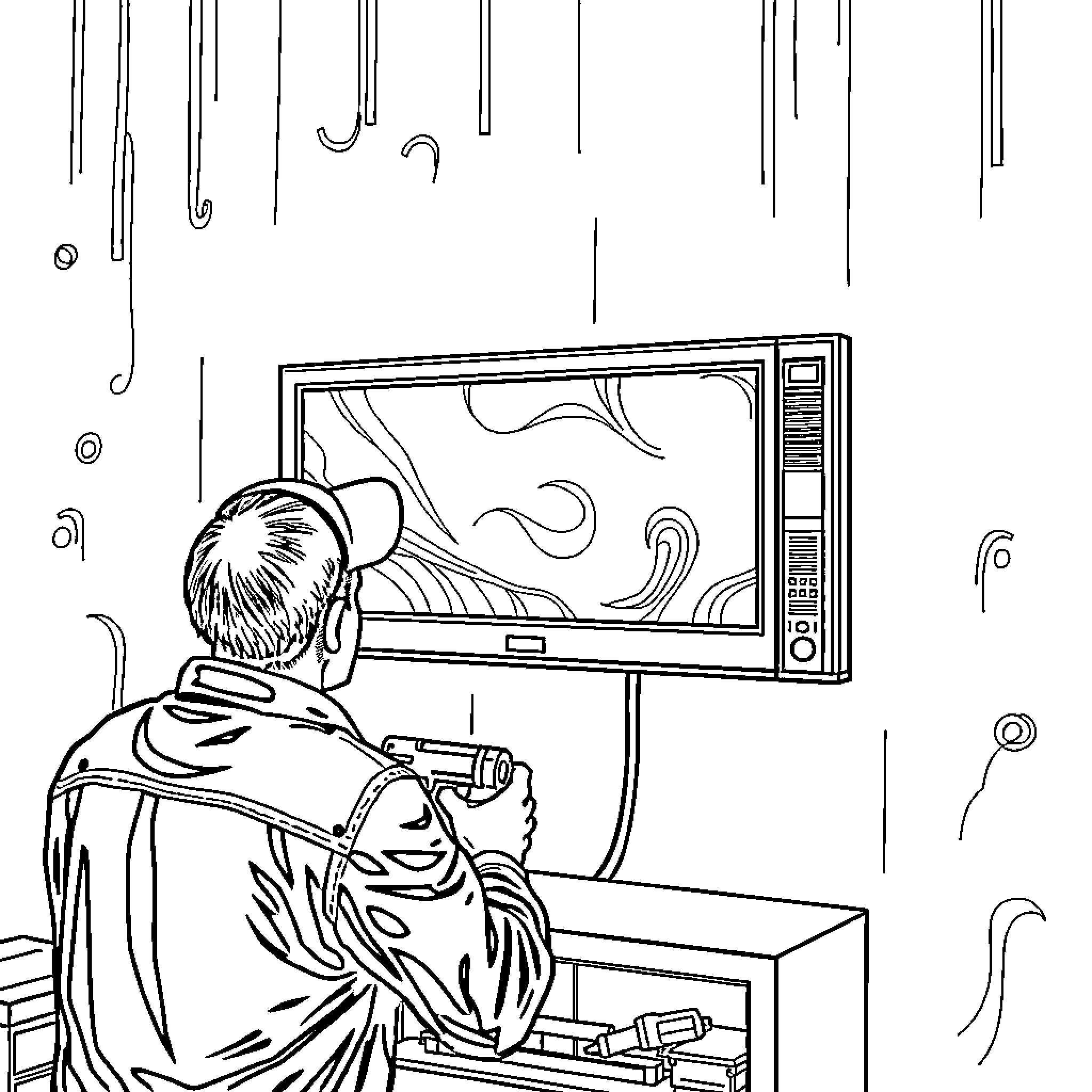 TV show with abstract visuals engages viewer Coloring Page (free black-and-white line drawing printable PDF for all, from beginners to advanced learners, including children, teens, adults, and seniors)