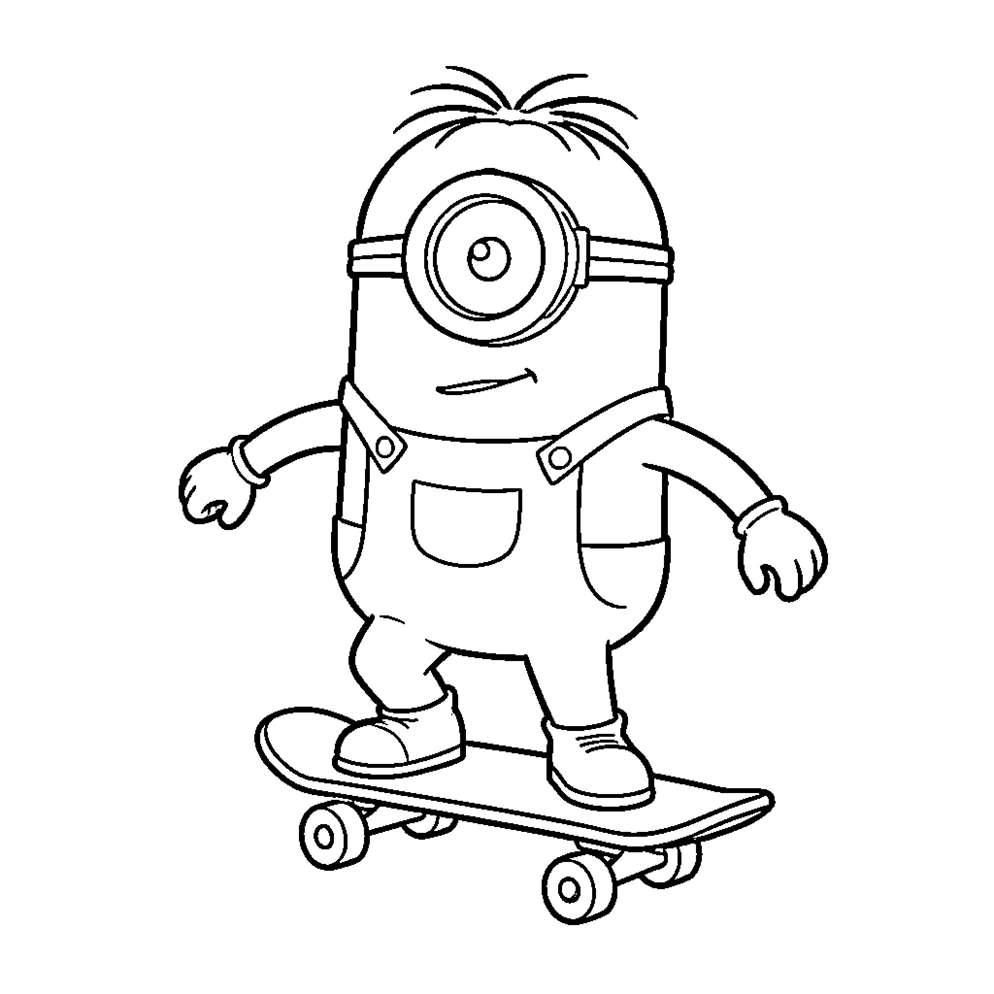 Minion standing on a skateboard with a smile Coloring Page (free black-and-white line drawing printable PDF for all, from beginners to advanced learners, including children, teens, adults, and seniors)