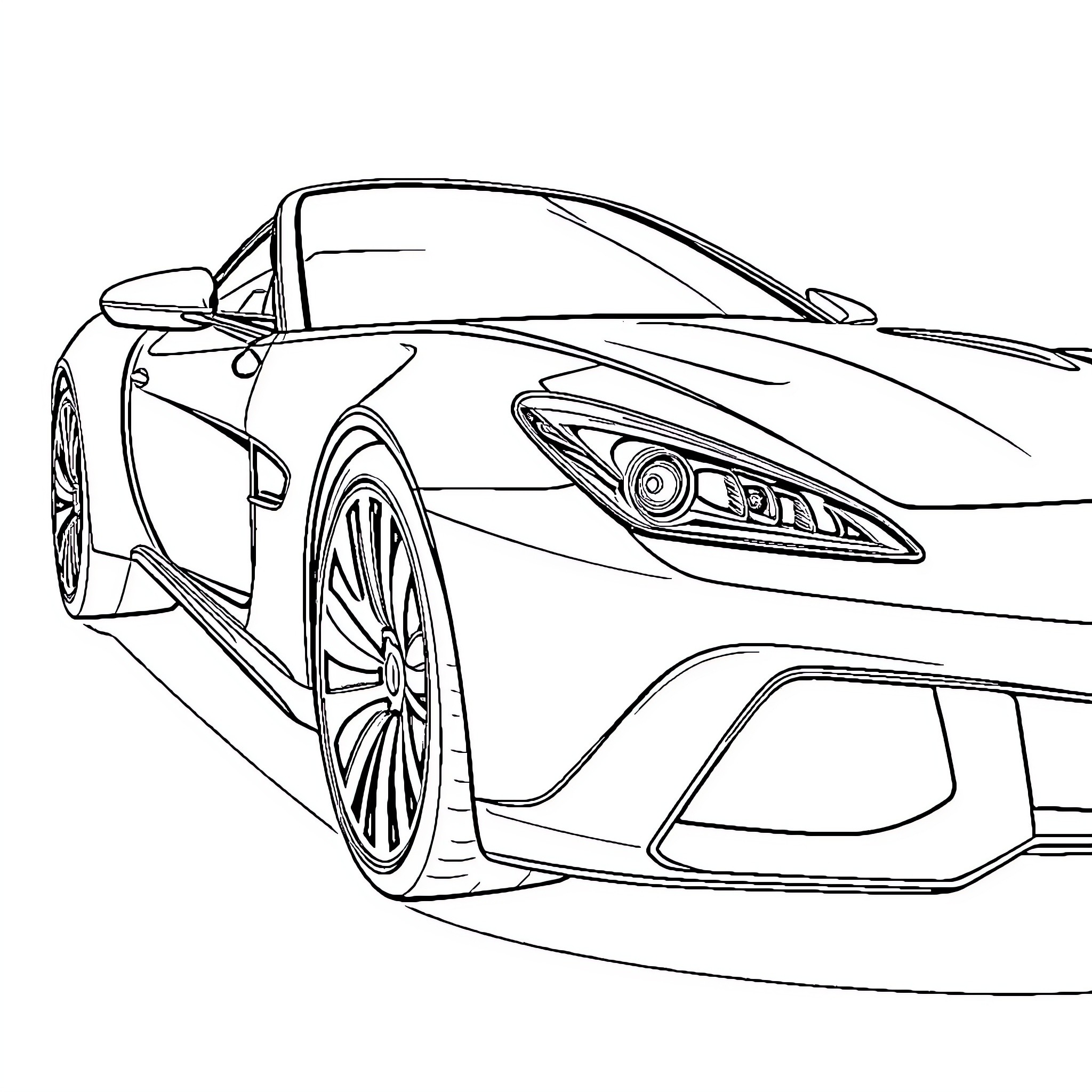 Luxury Car Speeding Down the Road Coloring Page (free black-and-white line drawing printable PDF for all, from beginners to advanced learners, including children, teens, adults, and seniors)
