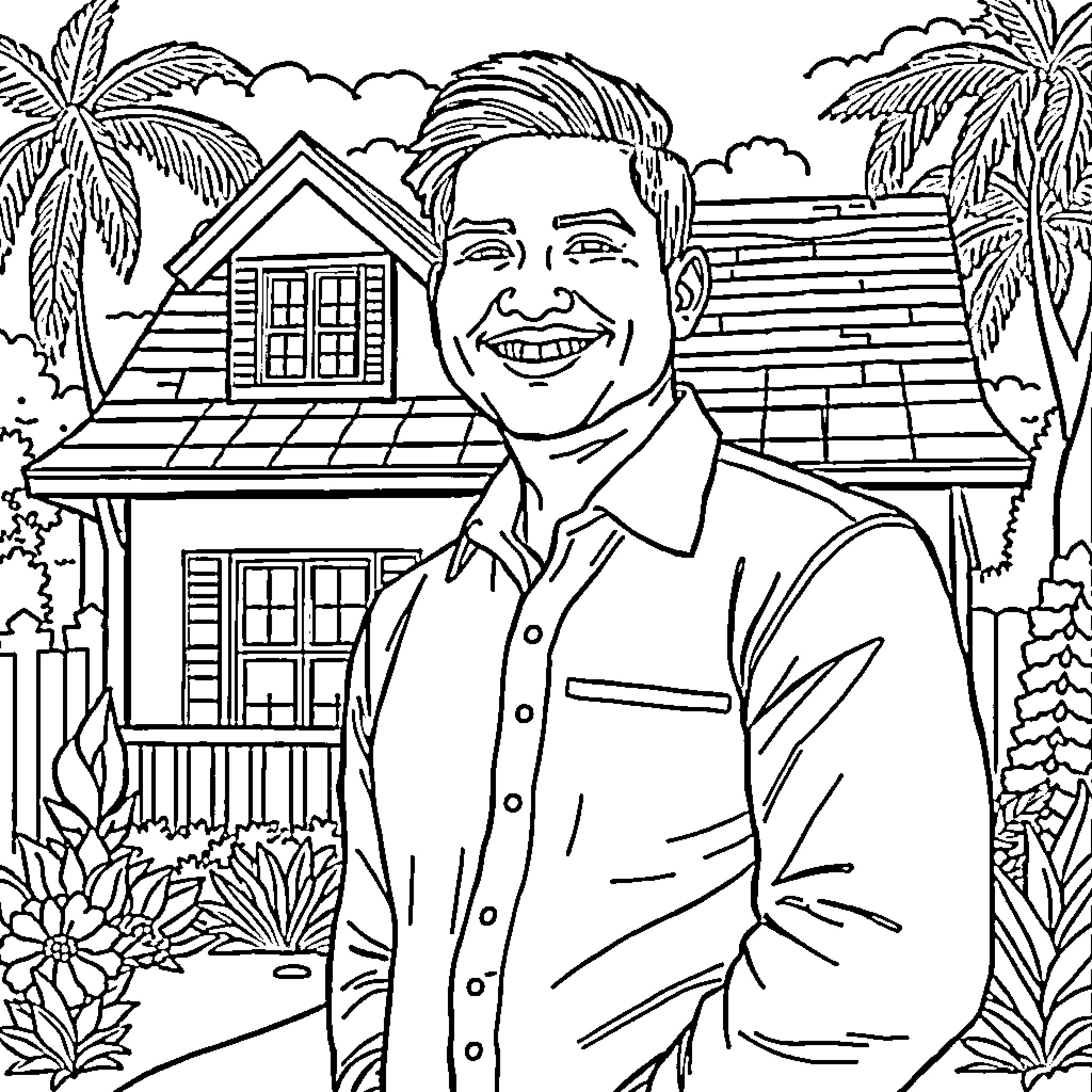 Realtor in tropical vacation setting Coloring Page (free black-and-white line drawing printable PDF for all, from beginners to advanced learners, including children, teens, adults, and seniors)