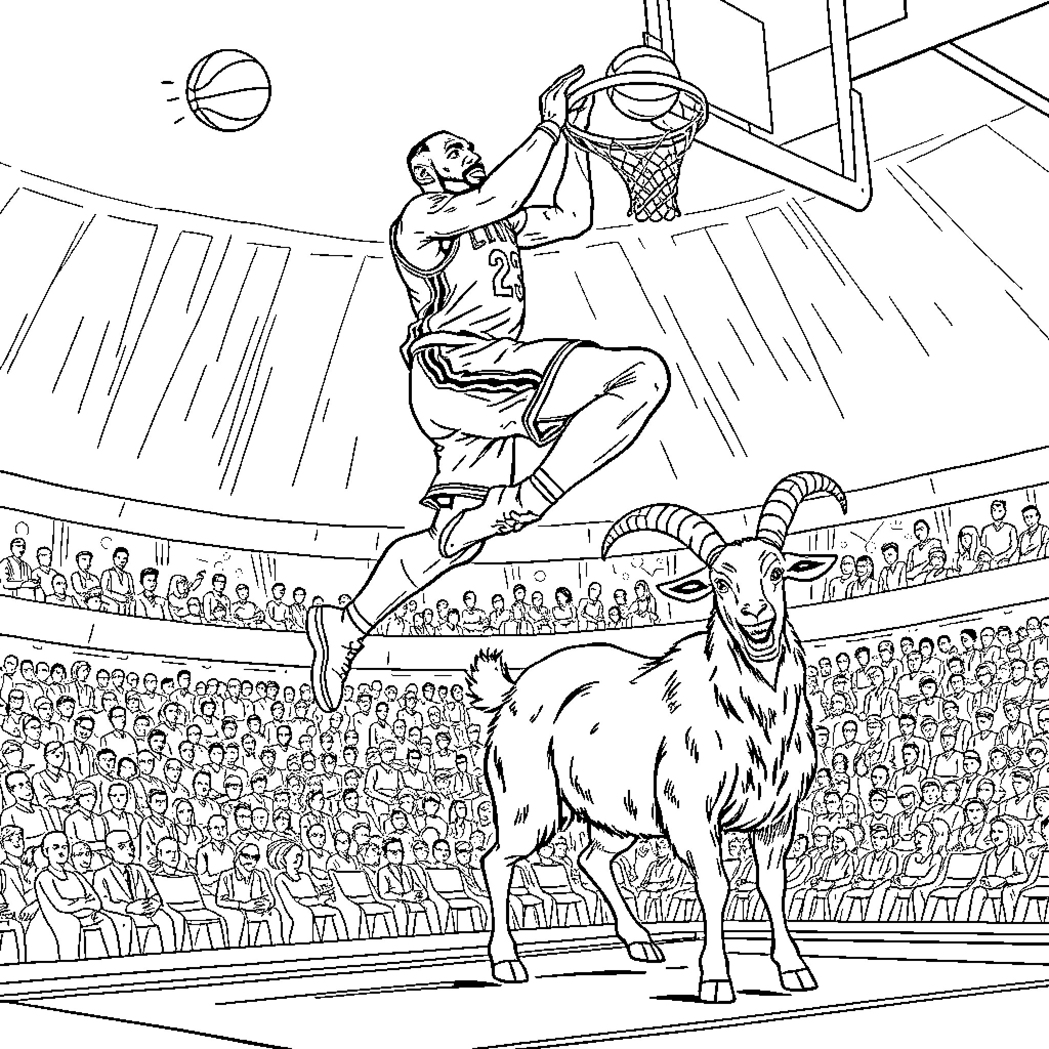 LeBron James Dunk Attempt During Basketball Game Coloring Page (free black-and-white line drawing printable PDF for all, from beginners to advanced learners, including children, teens, adults, and seniors)