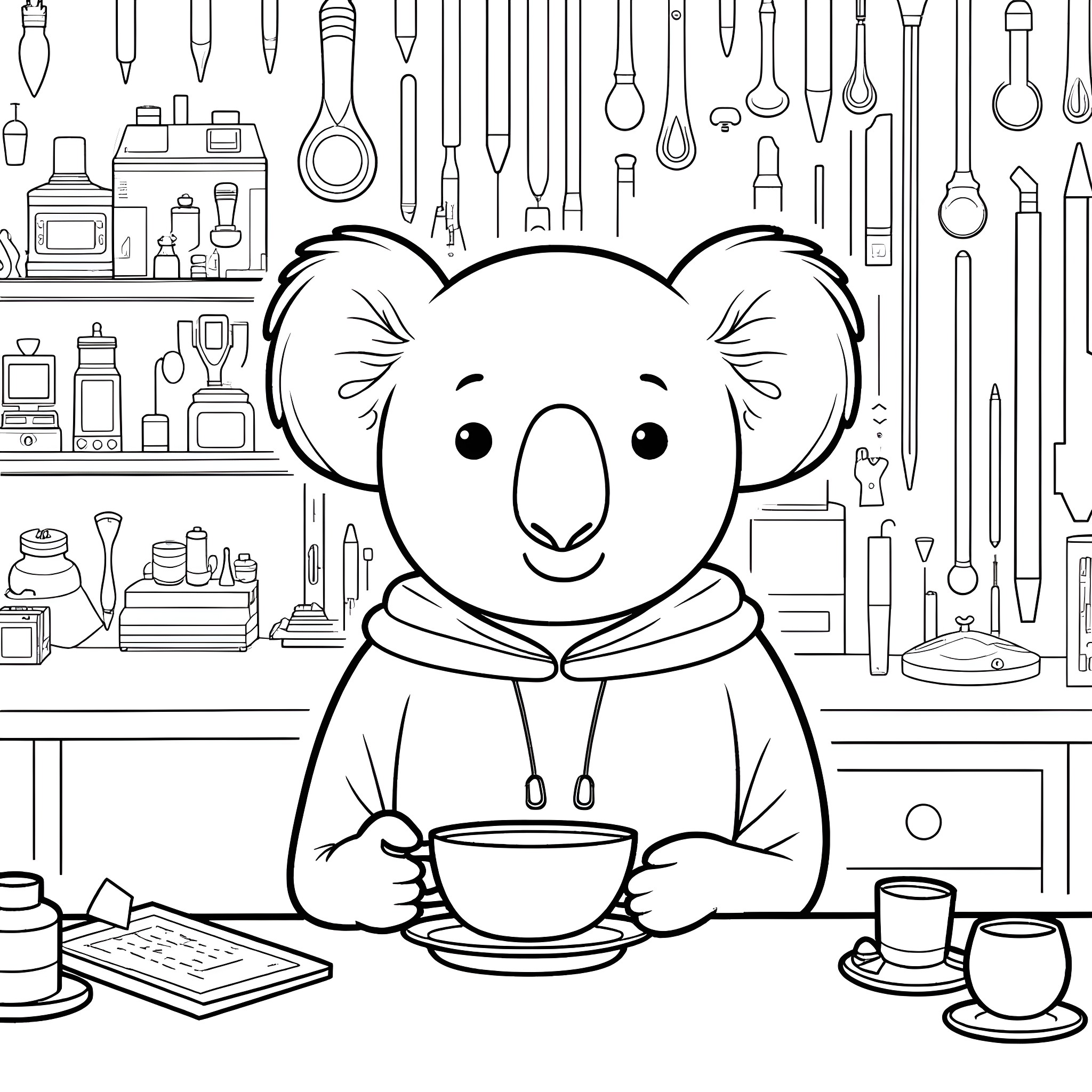 Koala enjoying a cozy cup of tea in the studio Coloring Page (free black-and-white line drawing printable PDF for all, from beginners to advanced learners, including children, teens, adults, and seniors)