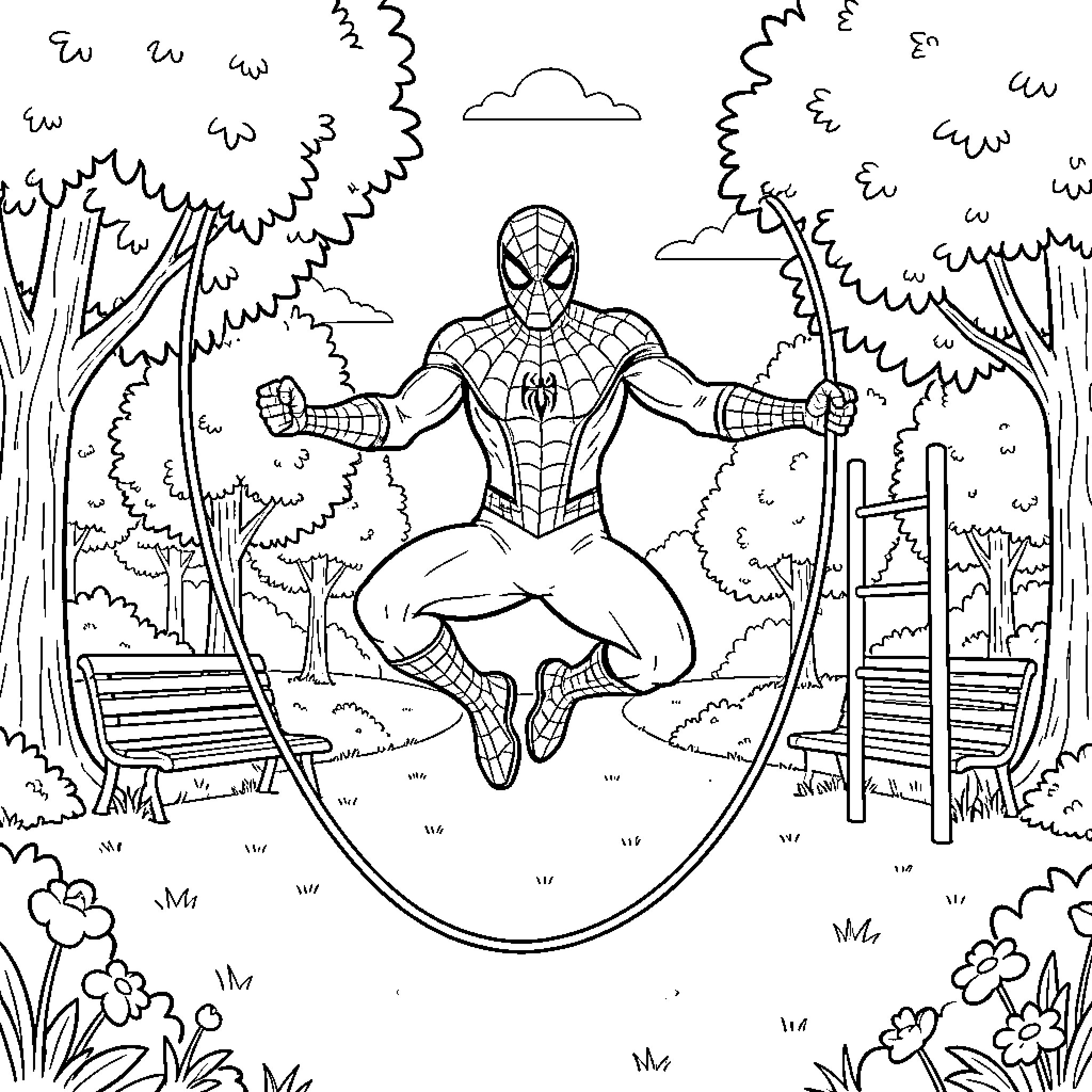 Spiderman swinging through the forest Coloring Page (free black-and-white line drawing printable PDF for all, from beginners to advanced learners, including children, teens, adults, and seniors)