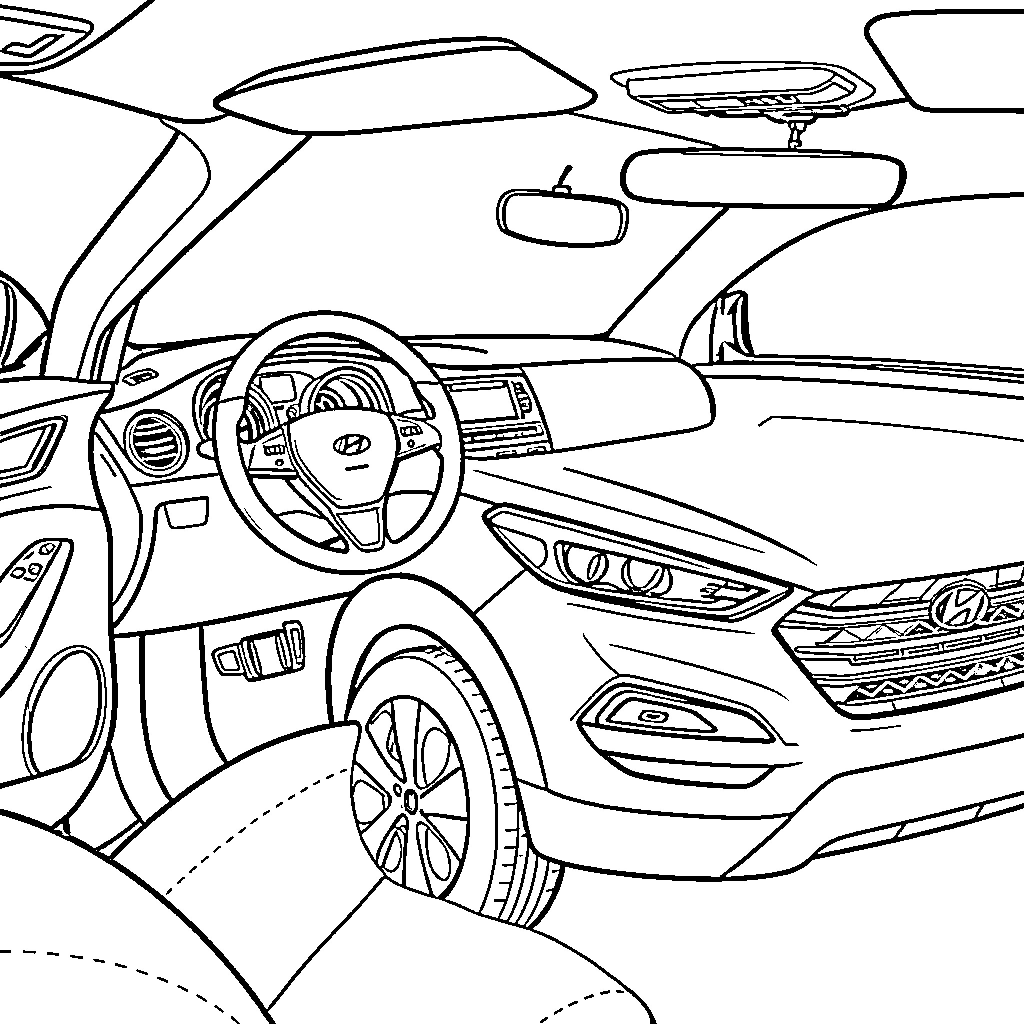 Coupe Luxury Car Interior Cabin Scene Coloring Page (free black-and-white line drawing printable PDF for all, from beginners to advanced learners, including children, teens, adults, and seniors)
