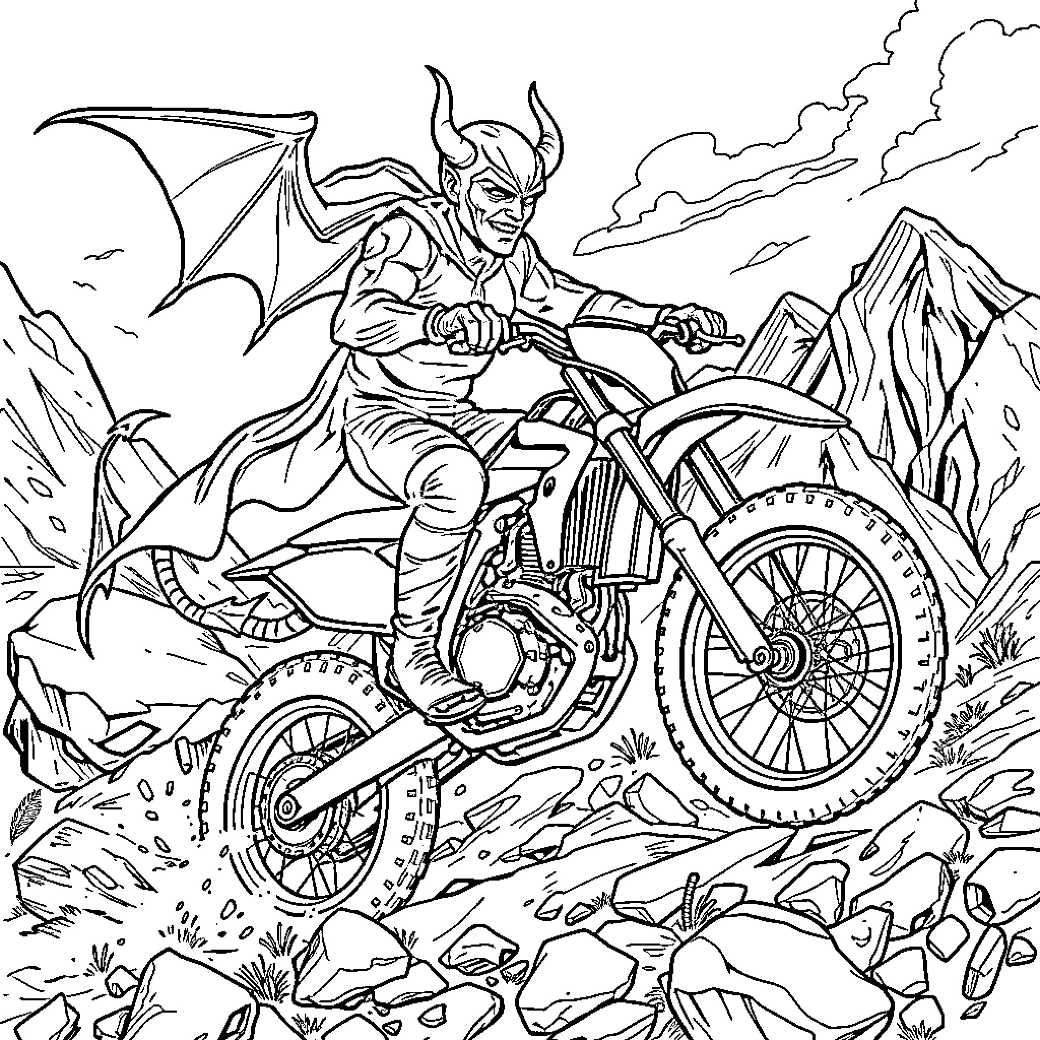 Devil Rides a Fearsome Motorcycle Across Rugged Terrain Coloring Page (free black-and-white line drawing printable PDF for all, from beginners to advanced learners, including children, teens, adults, and seniors)