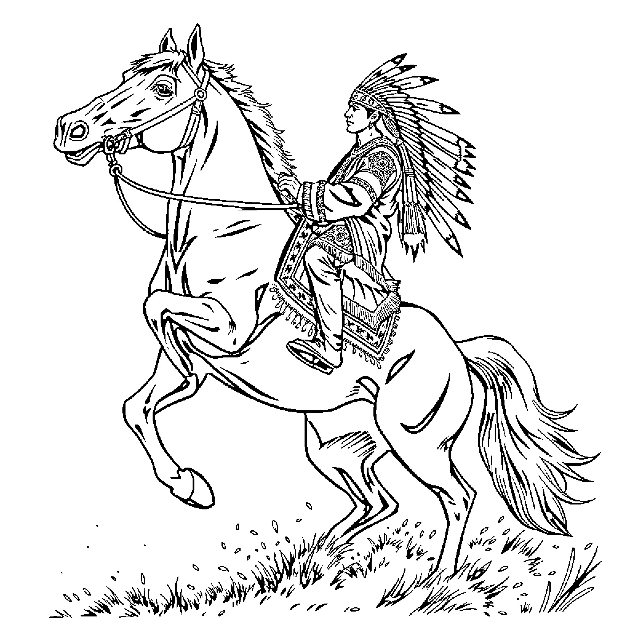 Horse ridden by Native American in traditional dress Coloring Page (free black-and-white line drawing printable PDF for all, from beginners to advanced learners, including children, teens, adults, and seniors)