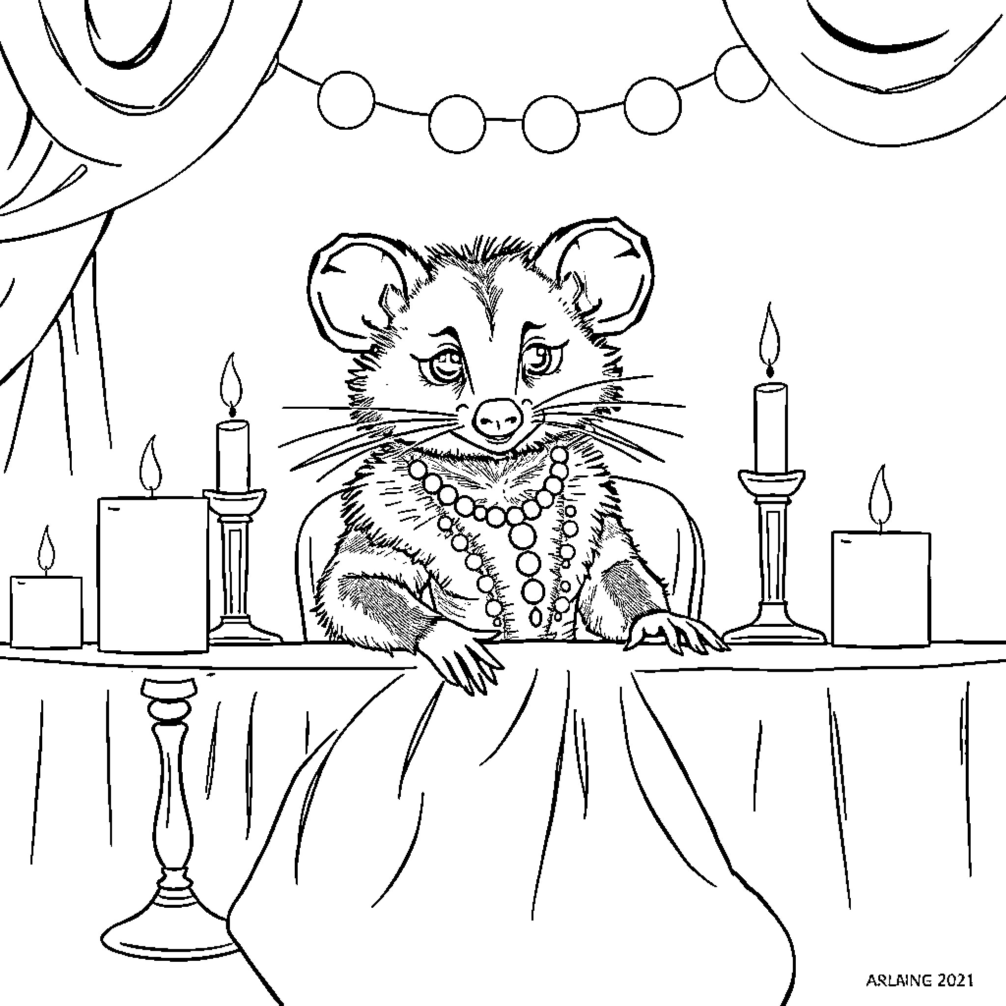 Opossum dressed in fancy attire enjoying candlelight dinner Coloring Page (free black-and-white line drawing printable PDF for all, from beginners to advanced learners, including children, teens, adults, and seniors)