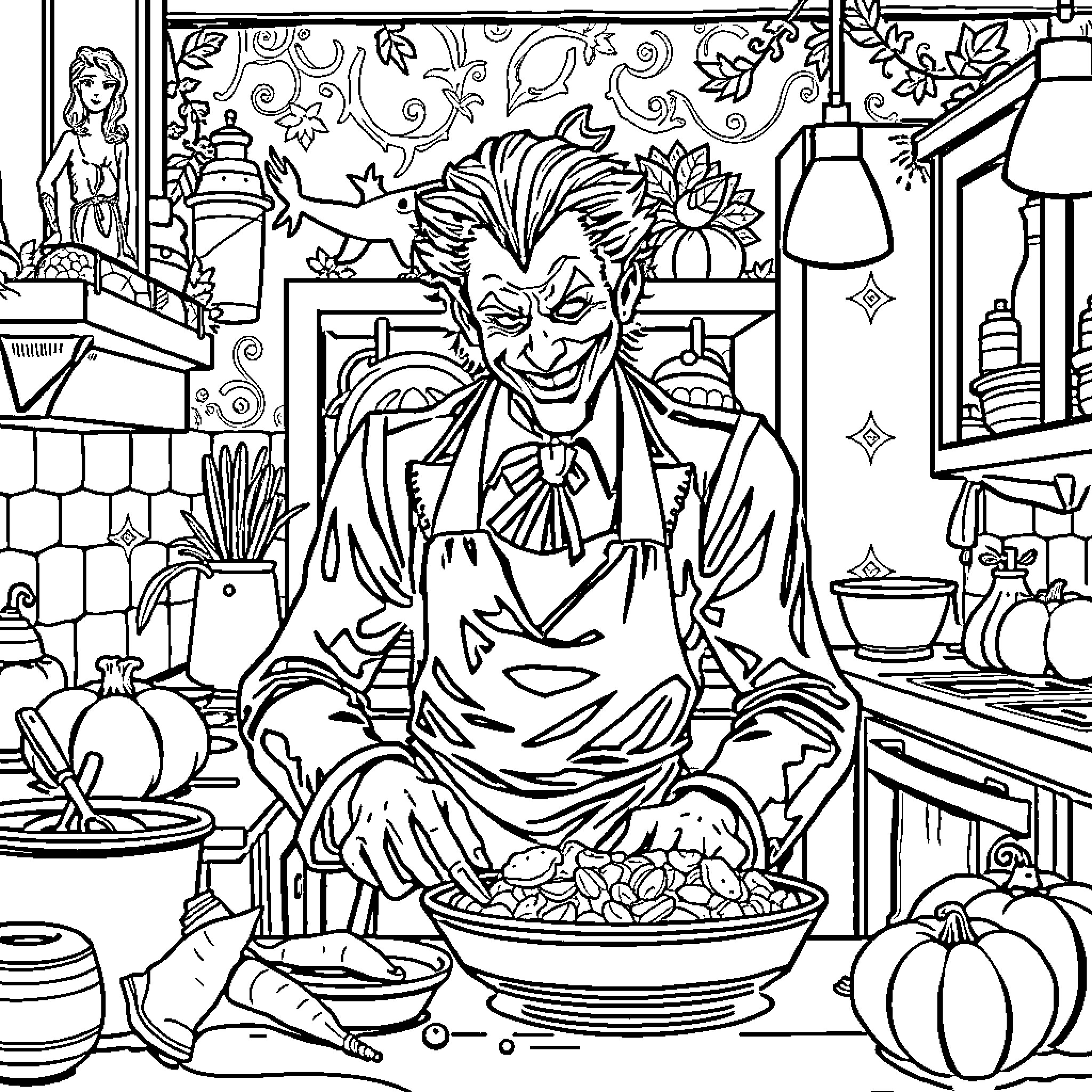 Joker cooking up mischief in the kitchen Coloring Page (free black-and-white line drawing printable PDF for all, from beginners to advanced learners, including children, teens, adults, and seniors)