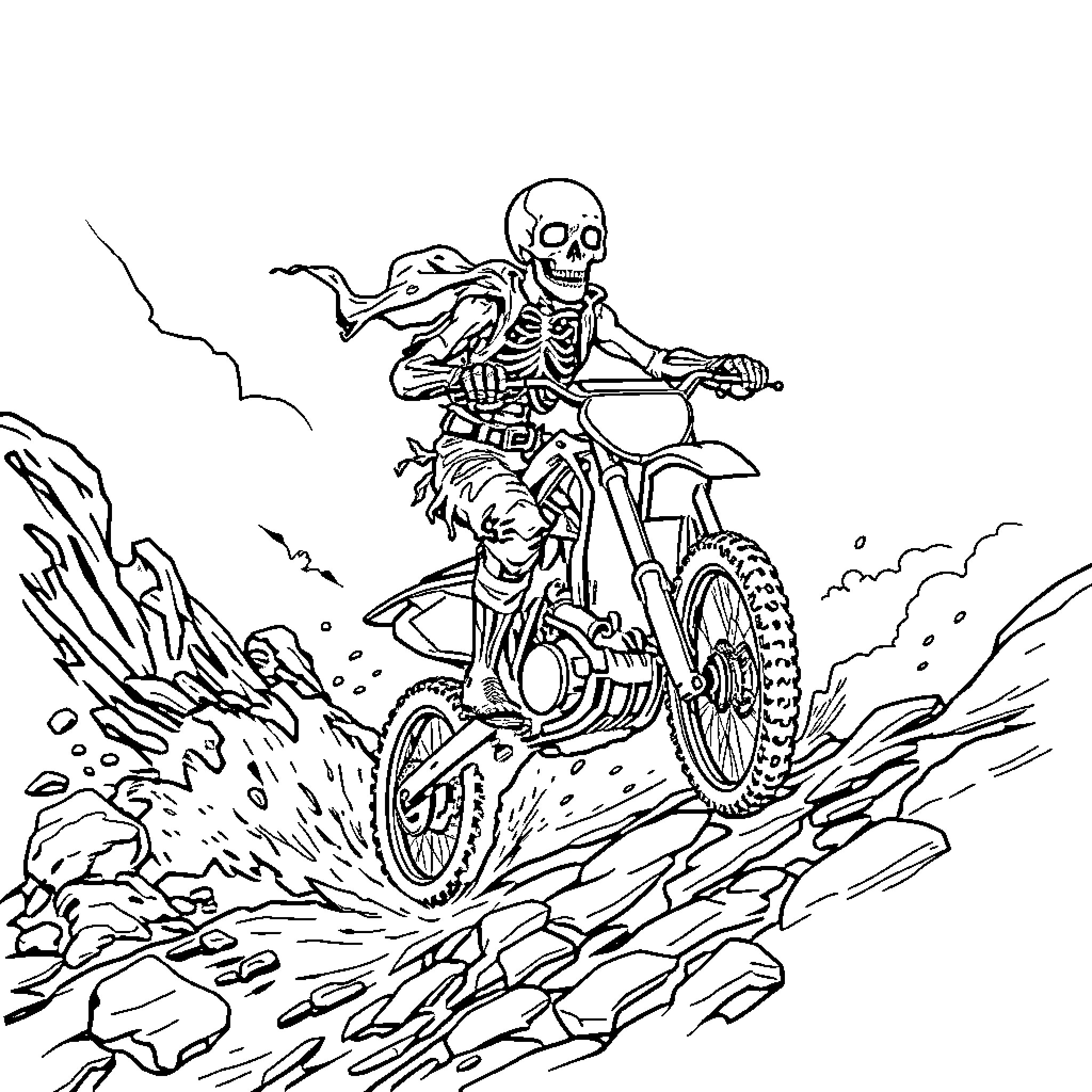Skeleton Riding Dirt Bike Through Rugged Terrain Coloring Page (free black-and-white line drawing printable PDF for all, from beginners to advanced learners, including children, teens, adults, and seniors)