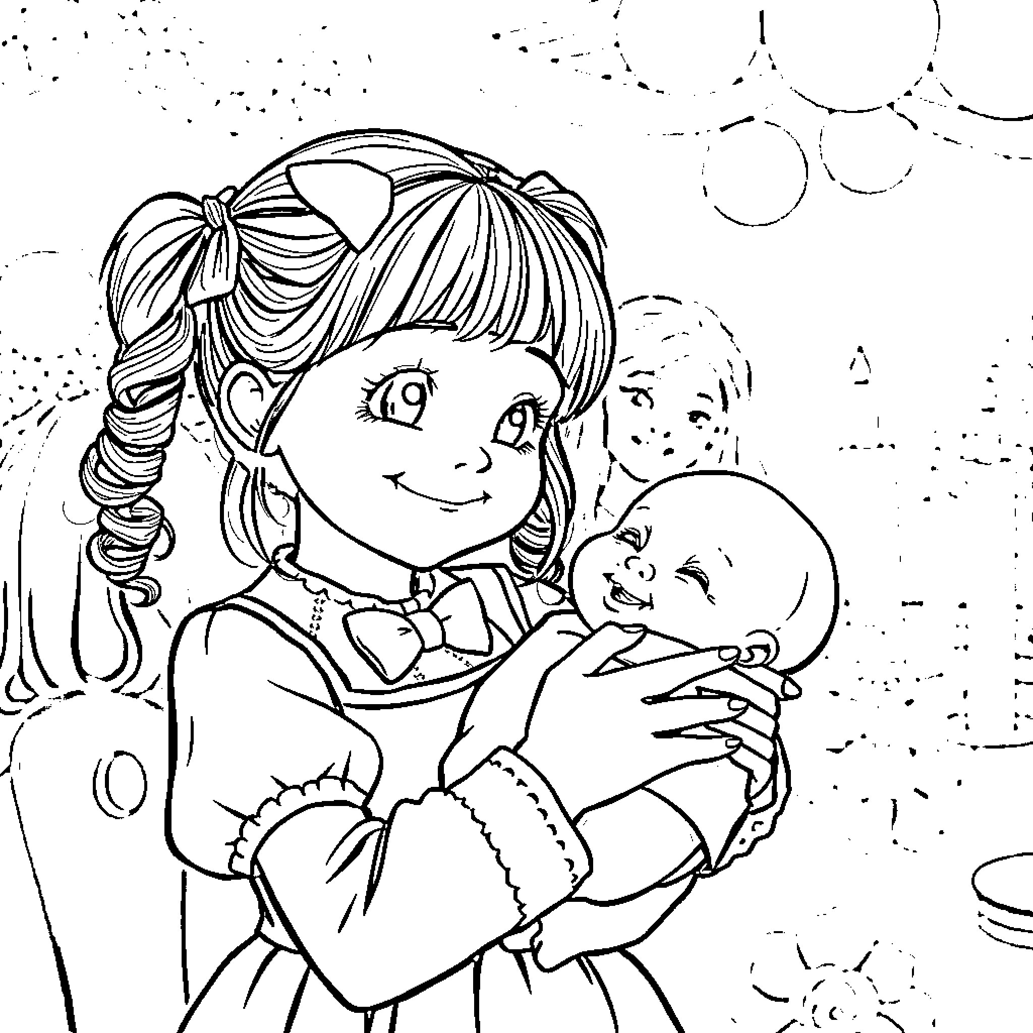 Girl happily holding a baby in a whimsical setting Coloring Page (free black-and-white line drawing printable PDF for all, from beginners to advanced learners, including children, teens, adults, and seniors)