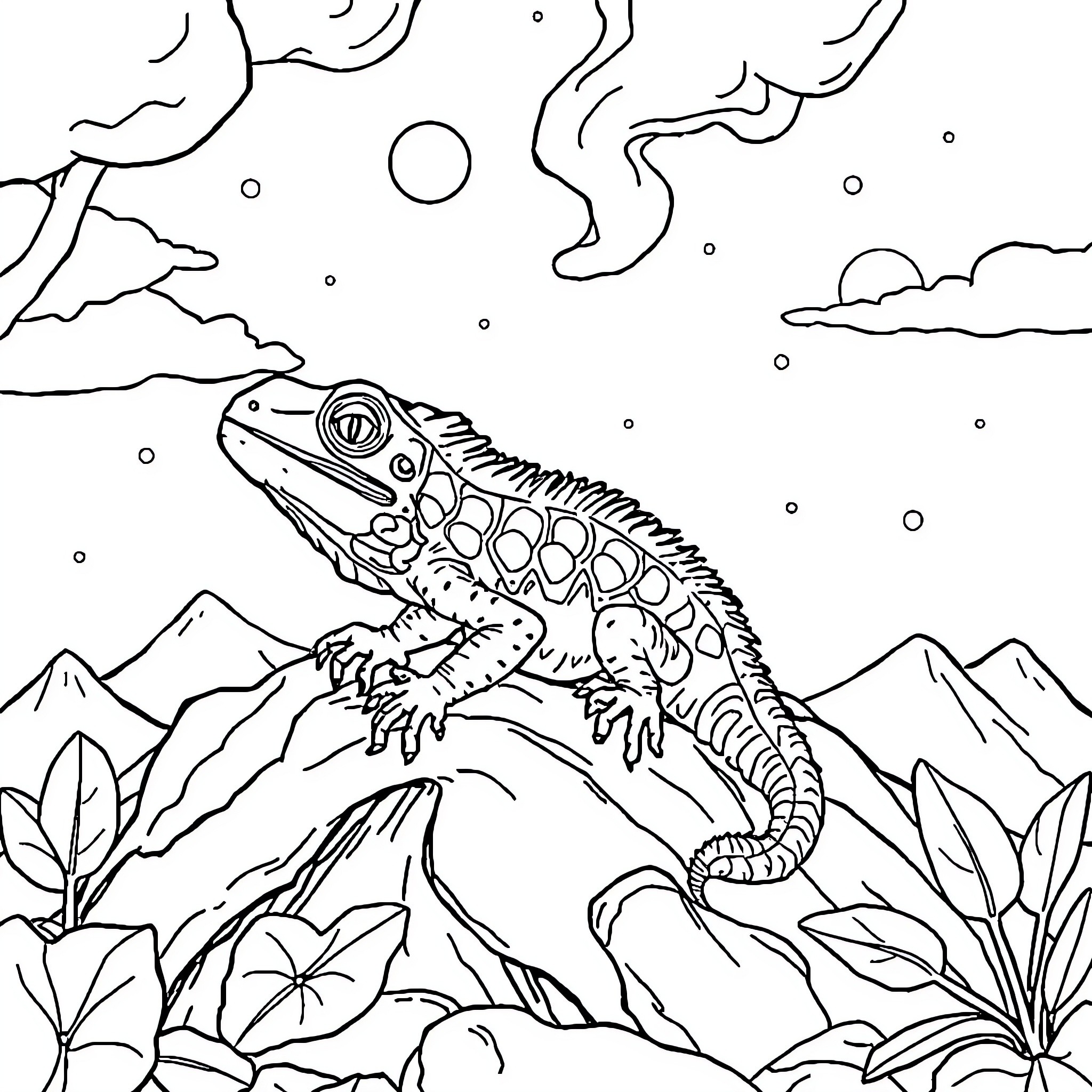 Charmeleon exploring the mountainous terrain Coloring Page (free black-and-white line drawing printable PDF for all, from beginners to advanced learners, including children, teens, adults, and seniors)