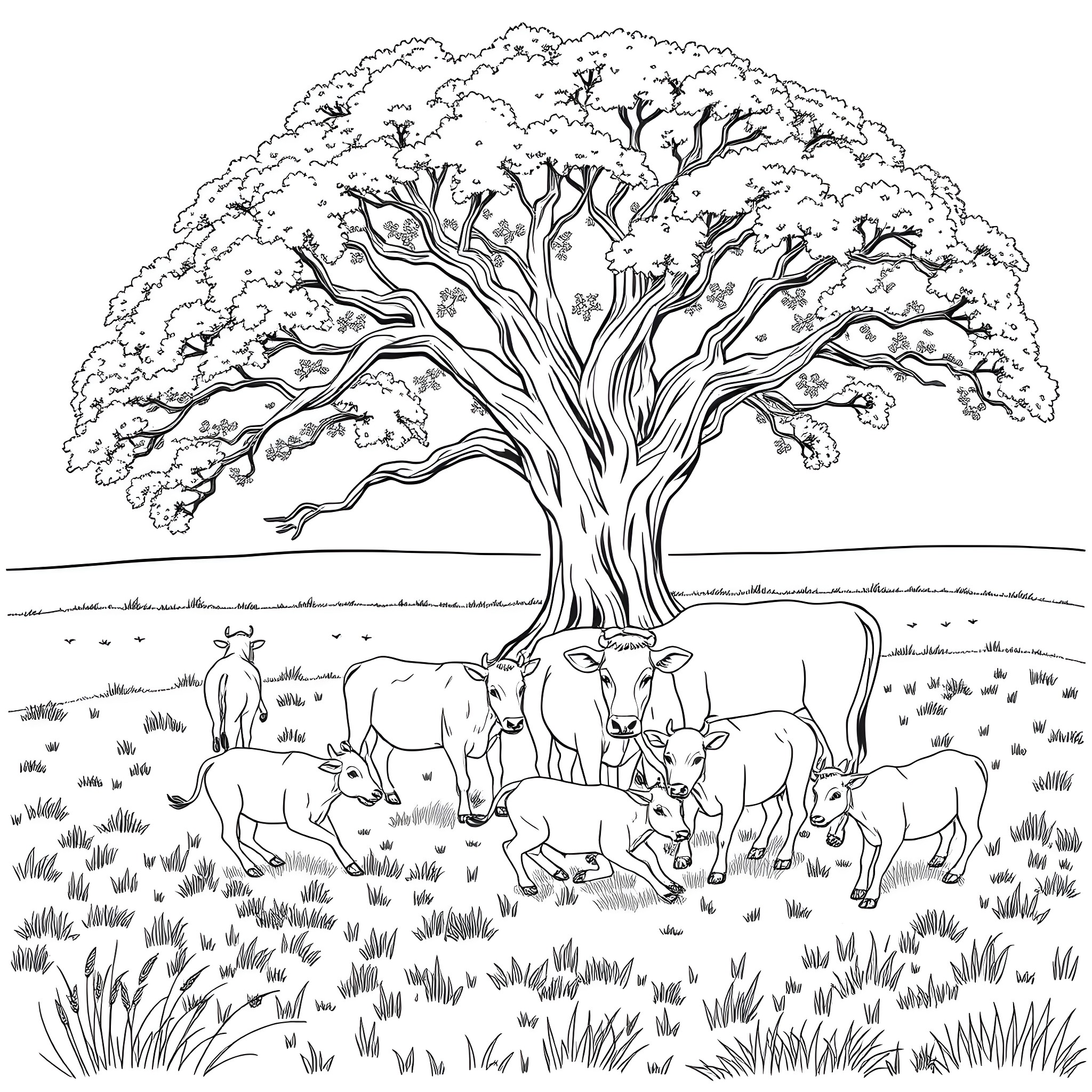 Cow Family Grazing Under the Majestic Tree Coloring Page (free black-and-white line drawing printable PDF for all, from beginners to advanced learners, including children, teens, adults, and seniors)