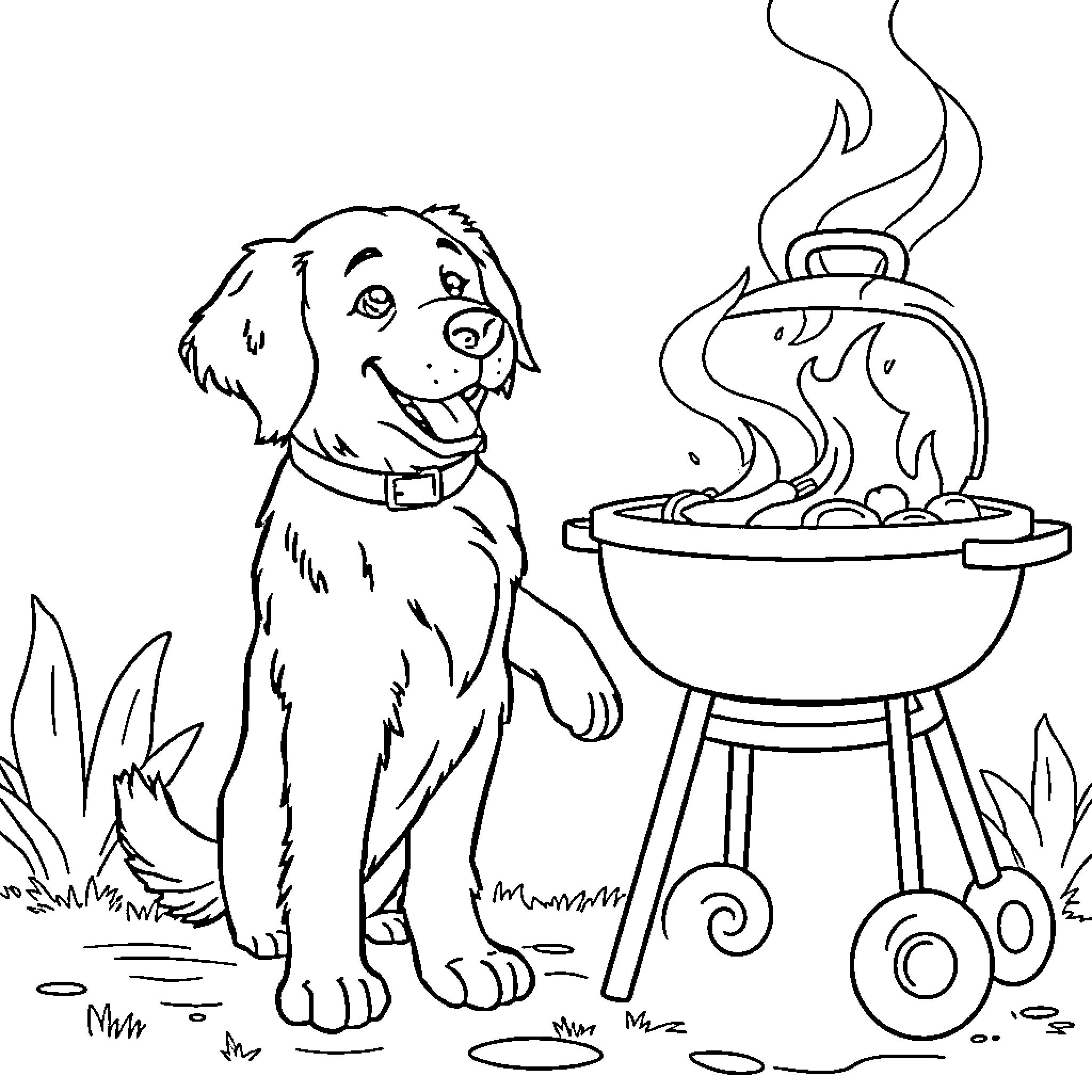 Golden Retriever Enjoying a Barbecue Outdoors Coloring Page (free black-and-white line drawing printable PDF for all, from beginners to advanced learners, including children, teens, adults, and seniors)