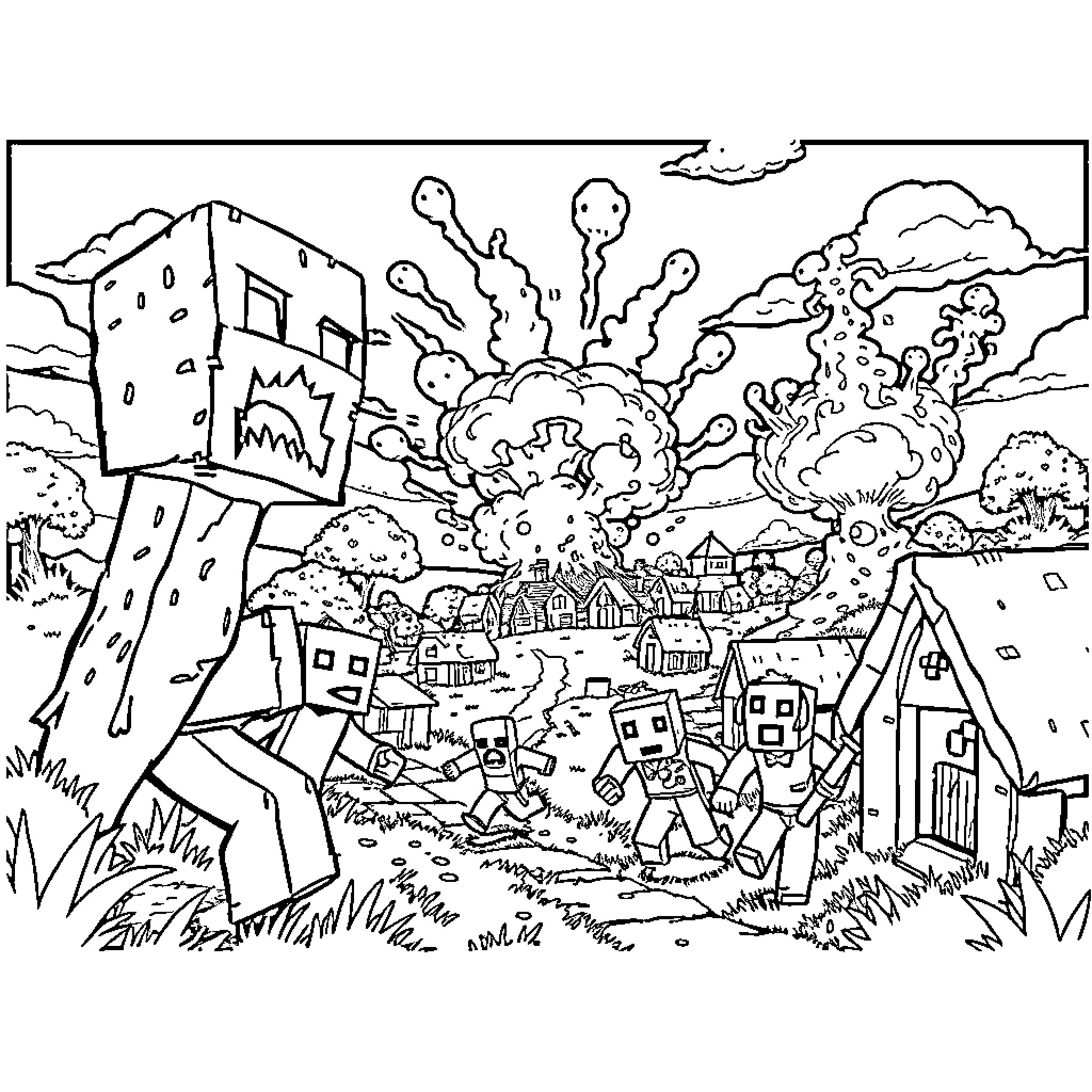 Creeper chaos in the village Coloring Page (free black-and-white line drawing printable PDF for all, from beginners to advanced learners, including children, teens, adults, and seniors)
