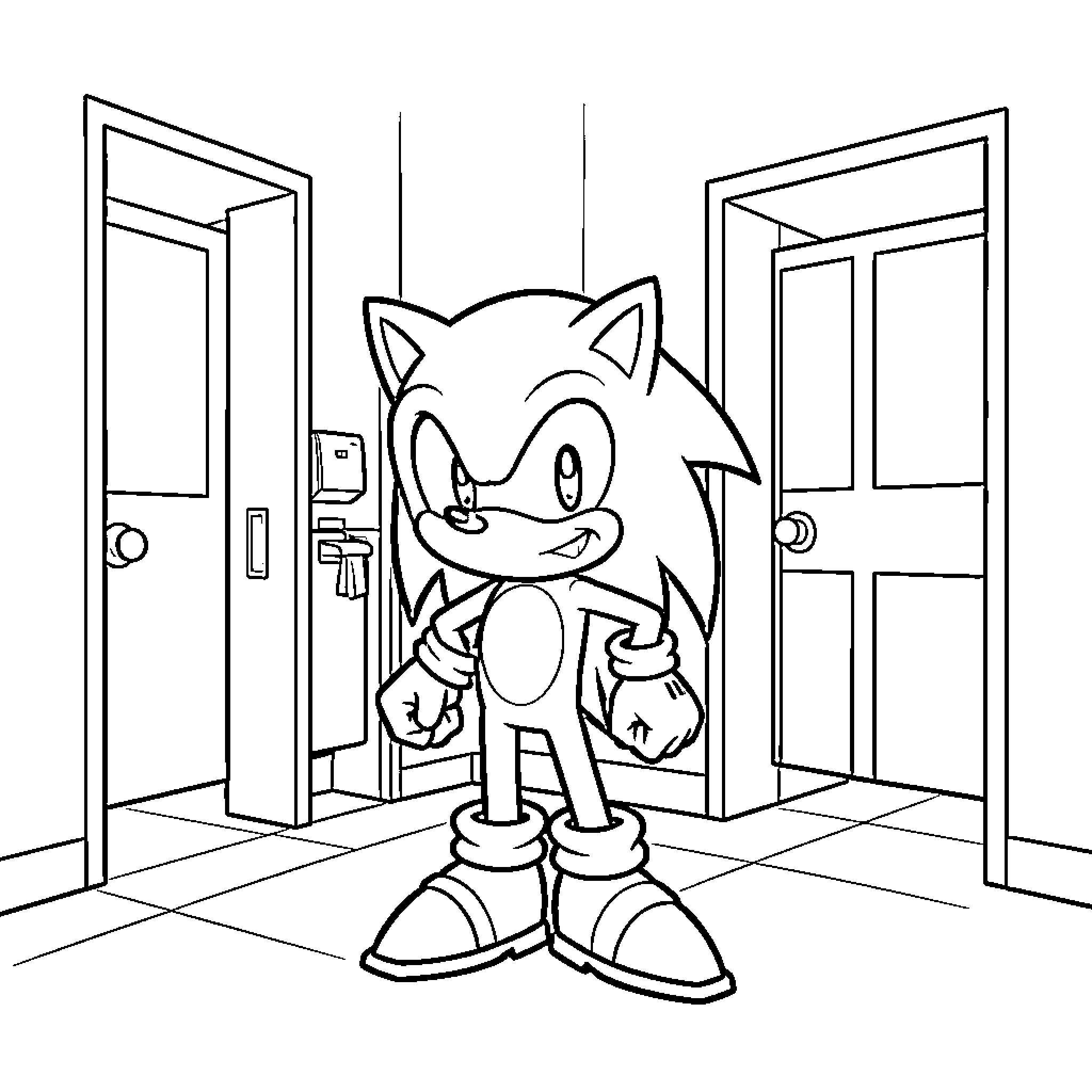 Sonic standing confidently between two open doorways Coloring Page (free black-and-white line drawing printable PDF for all, from beginners to advanced learners, including children, teens, adults, and seniors)