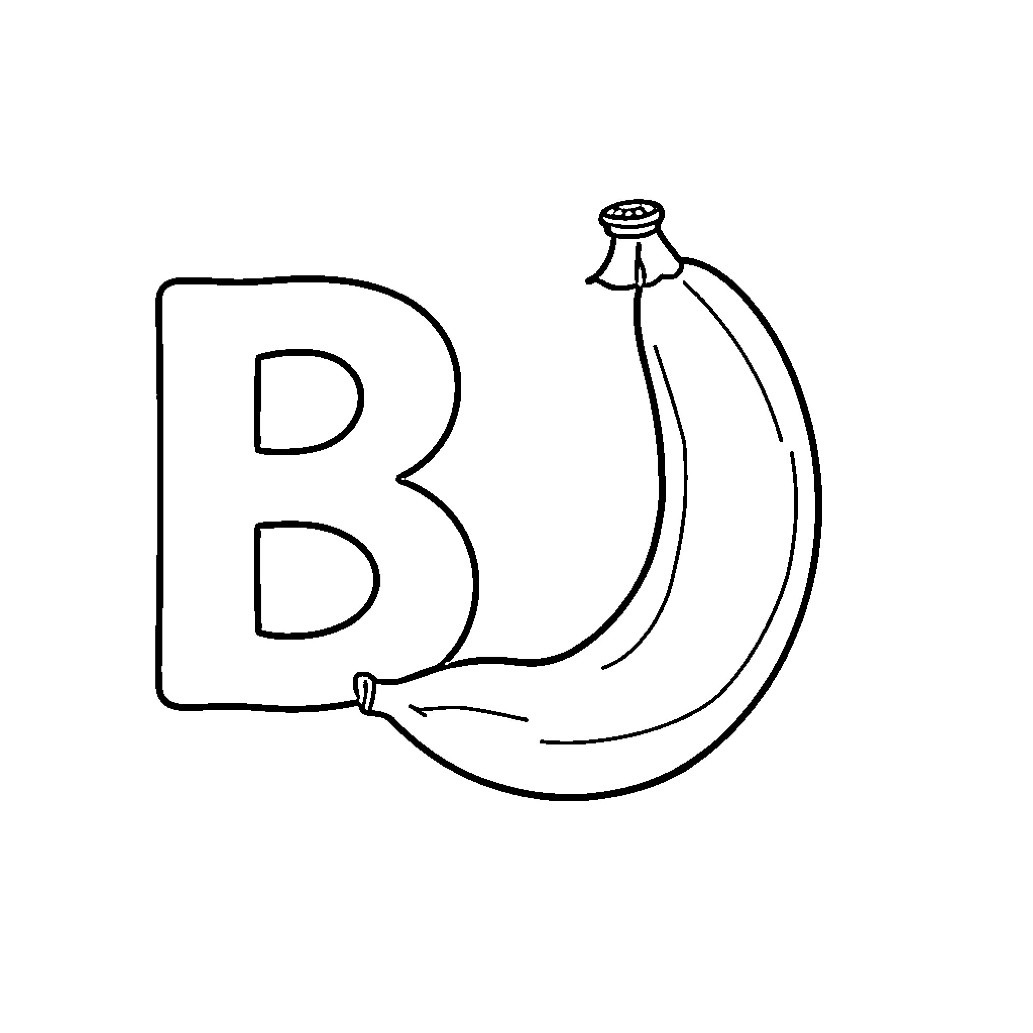 Banana with letter B illustration Coloring Page (free black-and-white line drawing printable PDF for all, from beginners to advanced learners, including children, teens, adults, and seniors)