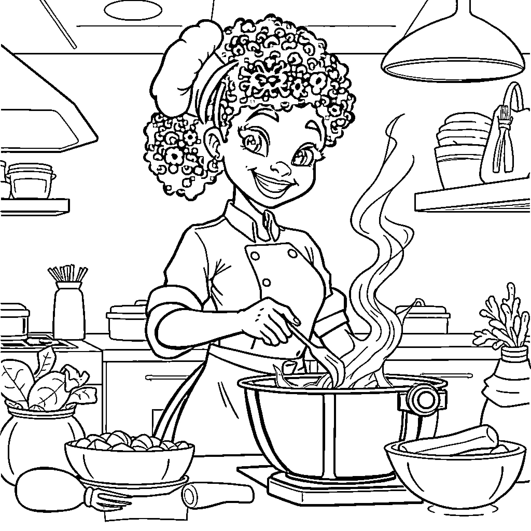 Chef Preparing Delicious Meal in Kitchen Coloring Page (free black-and-white line drawing printable PDF for all, from beginners to advanced learners, including children, teens, adults, and seniors)