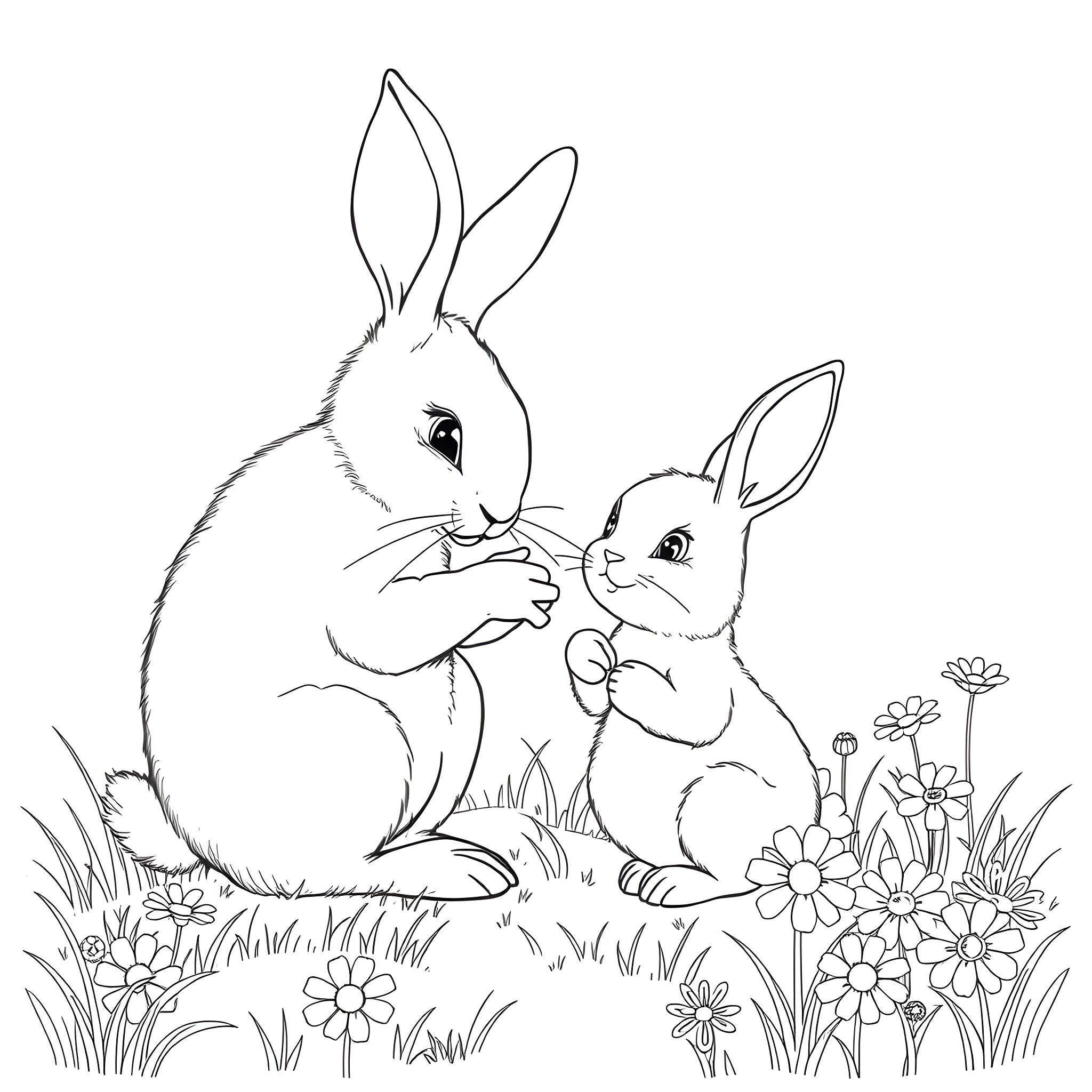 Rabbit companions in the meadow Coloring Page (free black-and-white line drawing printable PDF for all, from beginners to advanced learners, including children, teens, adults, and seniors)