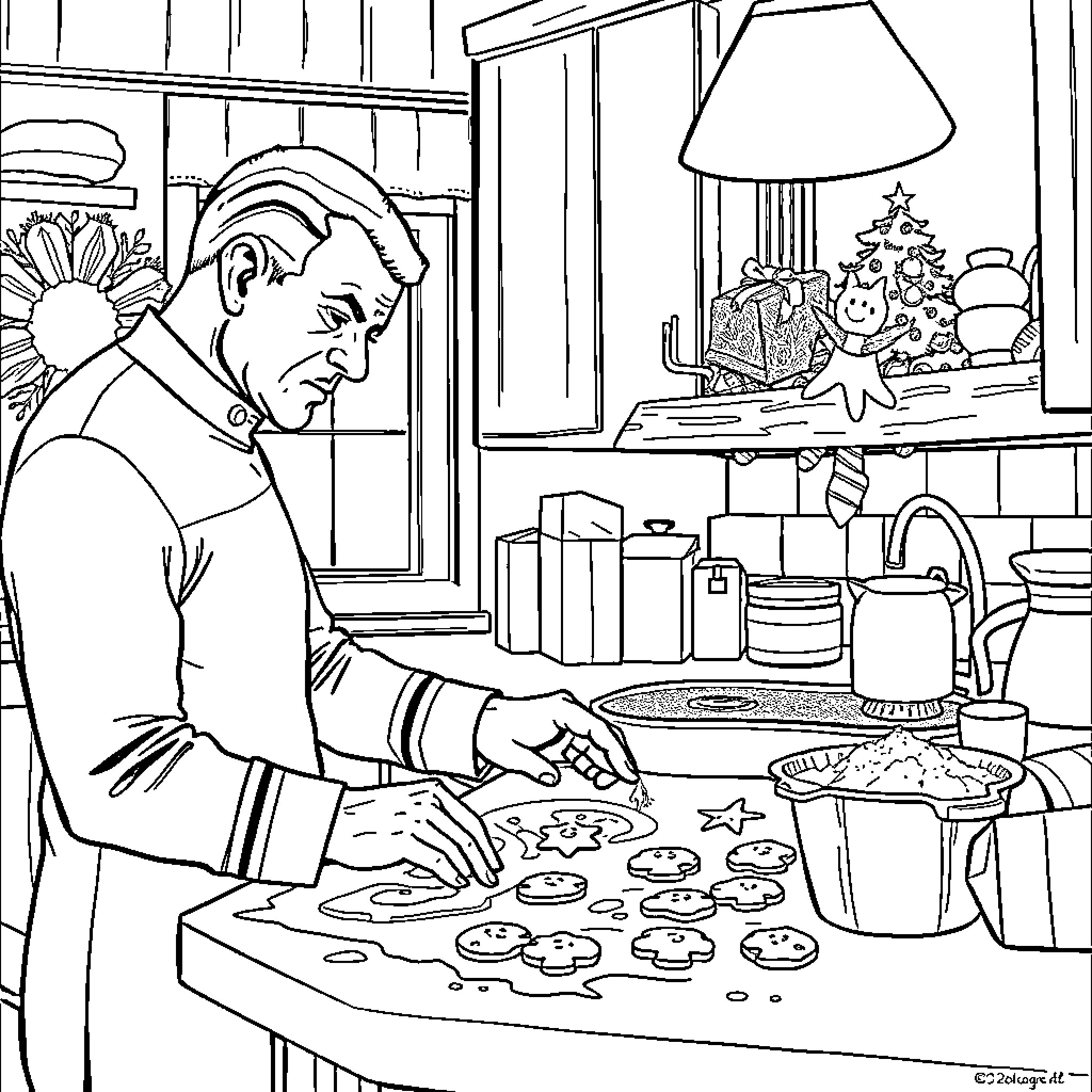 Captain Picard enjoying holiday baking in the kitchen Coloring Page (free black-and-white line drawing printable PDF for all, from beginners to advanced learners, including children, teens, adults, and seniors)