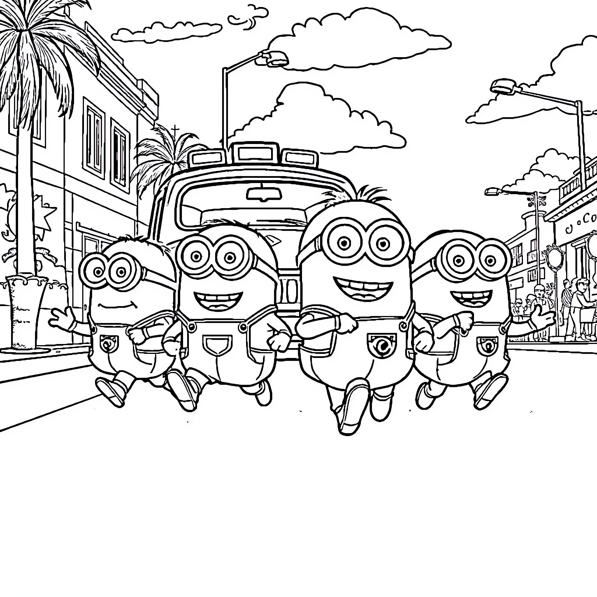 Minions Exploring the City with Excitement Coloring Page (free black-and-white line drawing printable PDF for all, from beginners to advanced learners, including children, teens, adults, and seniors)