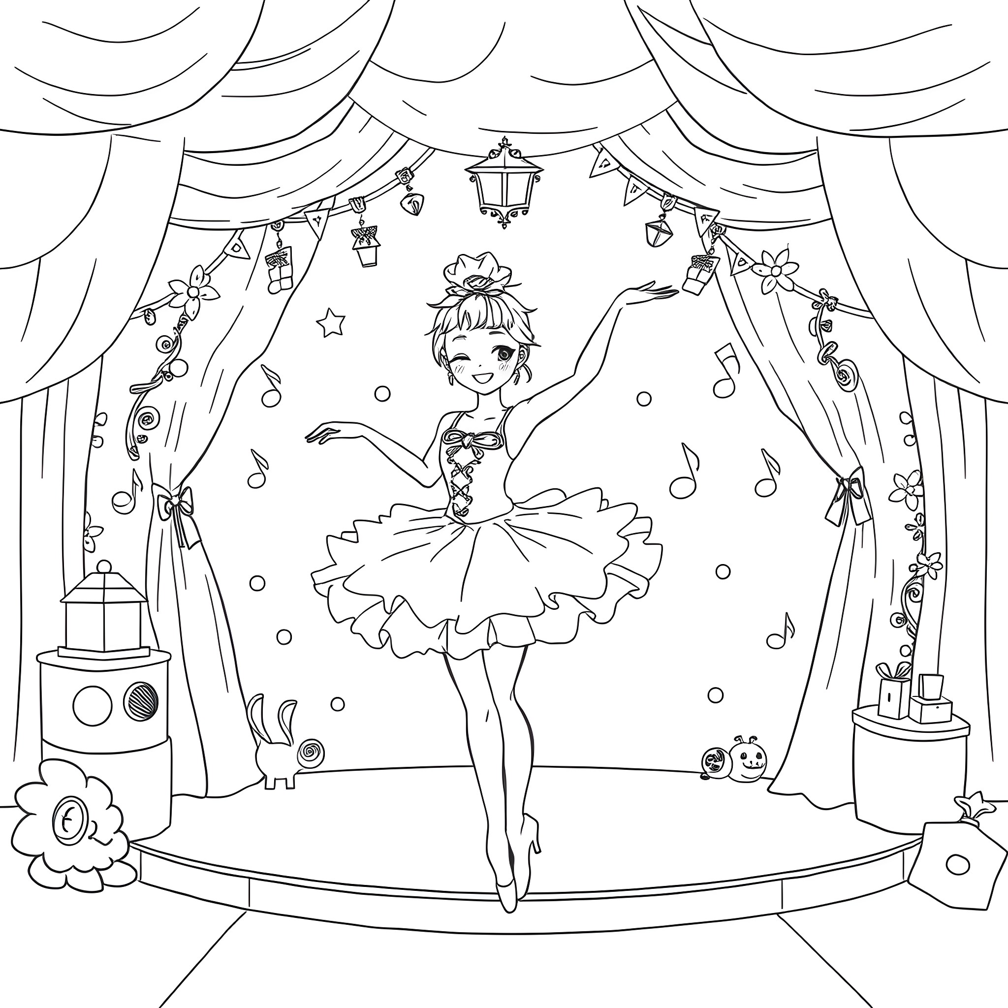 Kamomi's Enchanting Stage Performance Coloring Page (free black-and-white line drawing printable PDF for all, from beginners to advanced learners, including children, teens, adults, and seniors)