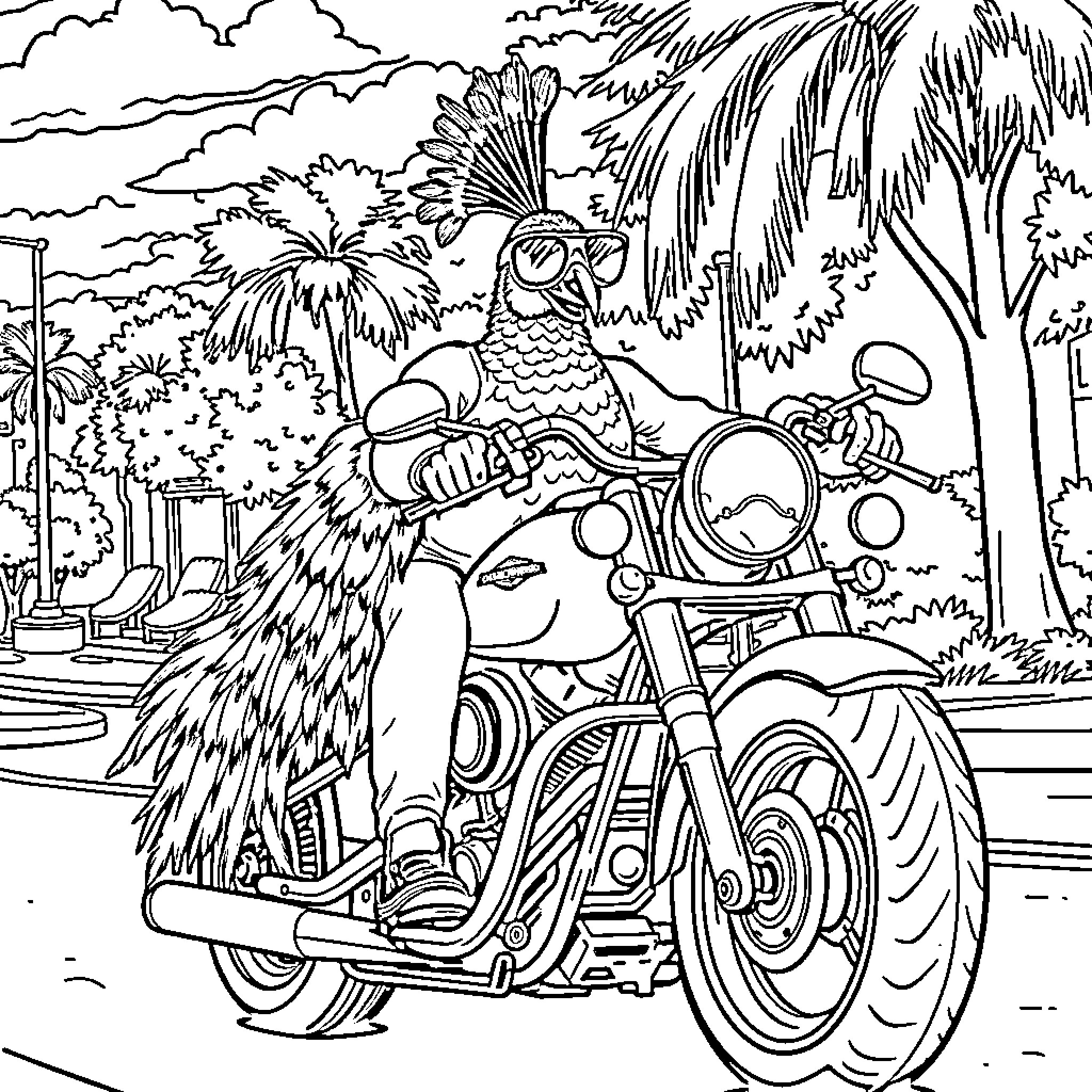 Peacock riding a motorcycle in a tropical setting Coloring Page (free black-and-white line drawing printable PDF for all, from beginners to advanced learners, including children, teens, adults, and seniors)