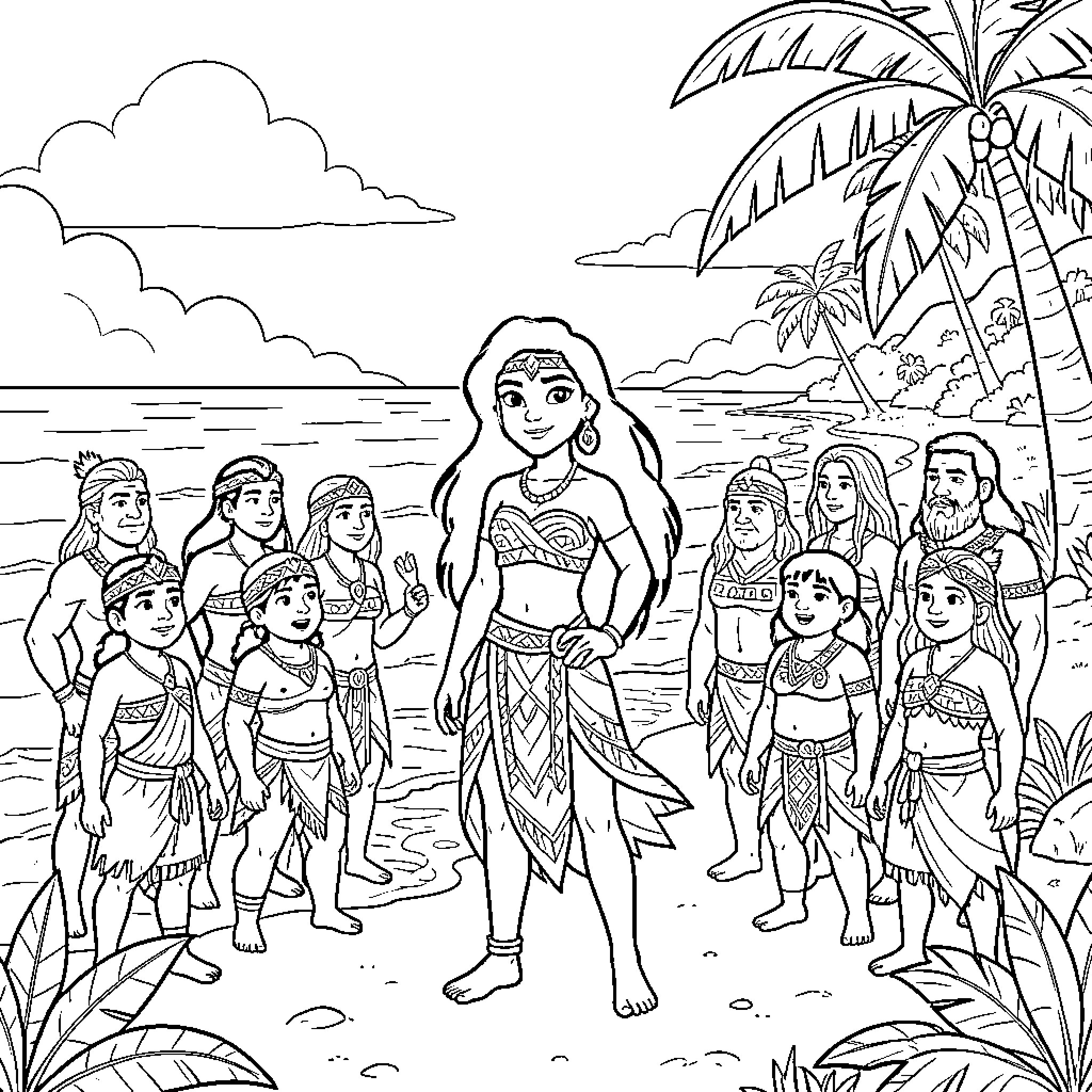 Vaiana standing confidently among her people on the beach Coloring Page (free black-and-white line drawing printable PDF for all, from beginners to advanced learners, including children, teens, adults, and seniors)