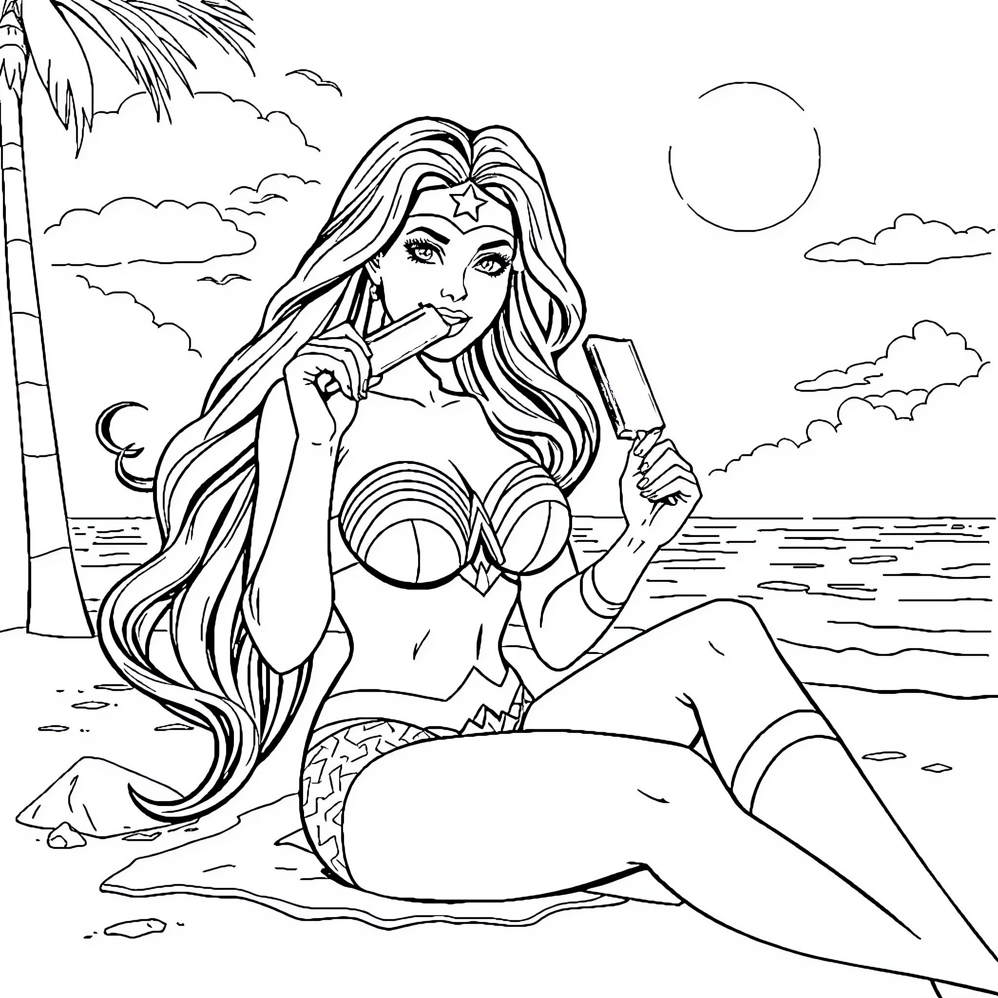 Wonder Woman relaxing on the beach Coloring Page (free black-and-white line drawing printable PDF for all, from beginners to advanced learners, including children, teens, adults, and seniors)