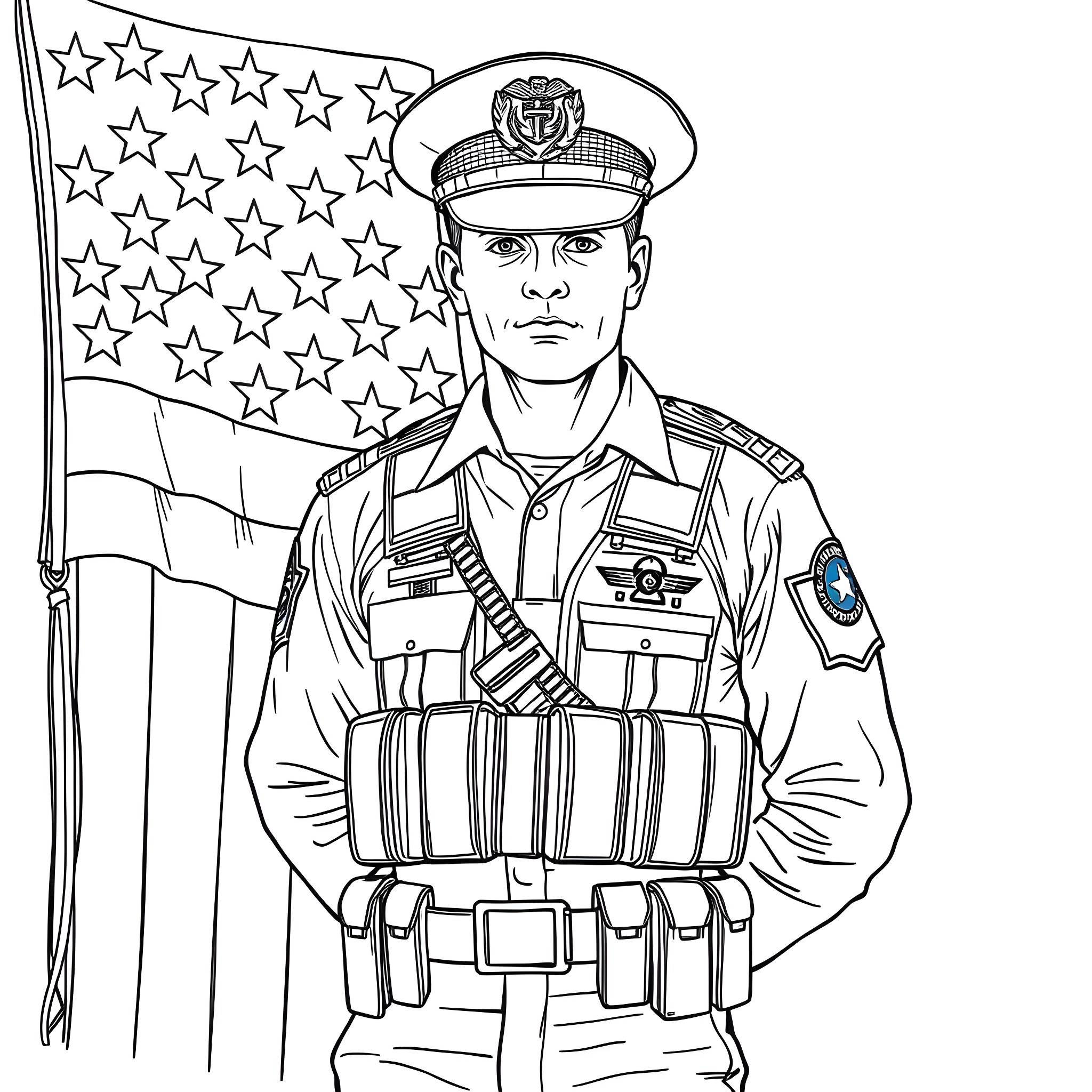 Navy Soldier Standing with American Flag Coloring Page (free black-and-white line drawing printable PDF for all, from beginners to advanced learners, including children, teens, adults, and seniors)