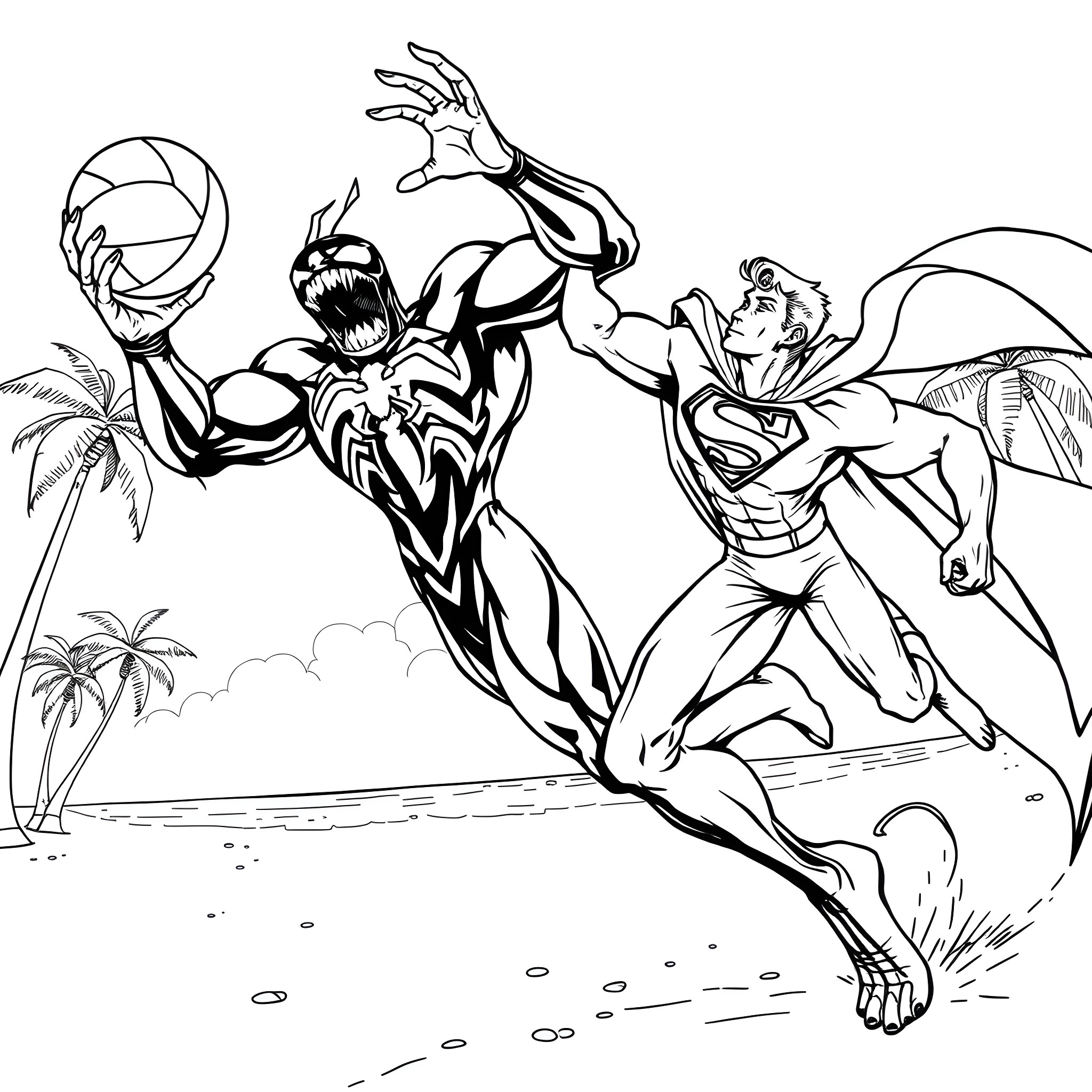 Venom engaging in epic battle with superhero on tropical beach Coloring Page (free black-and-white line drawing printable PDF for all, from beginners to advanced learners, including children, teens, adults, and seniors)