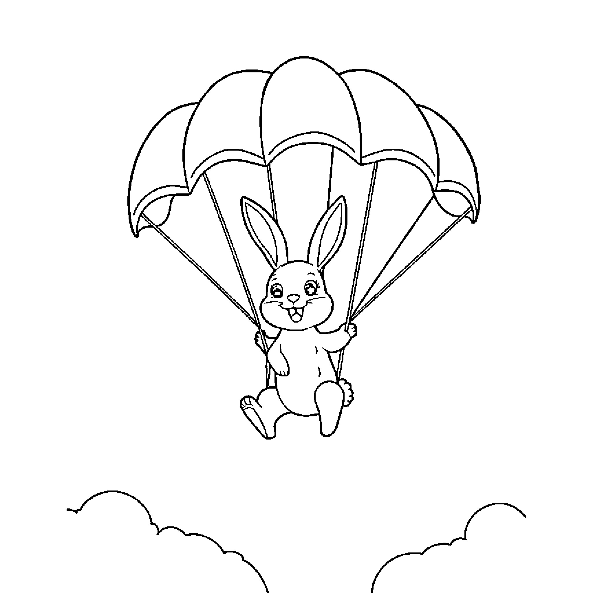 Bunny parachuting happily through the sky Coloring Page (free black-and-white line drawing printable PDF for all, from beginners to advanced learners, including children, teens, adults, and seniors)