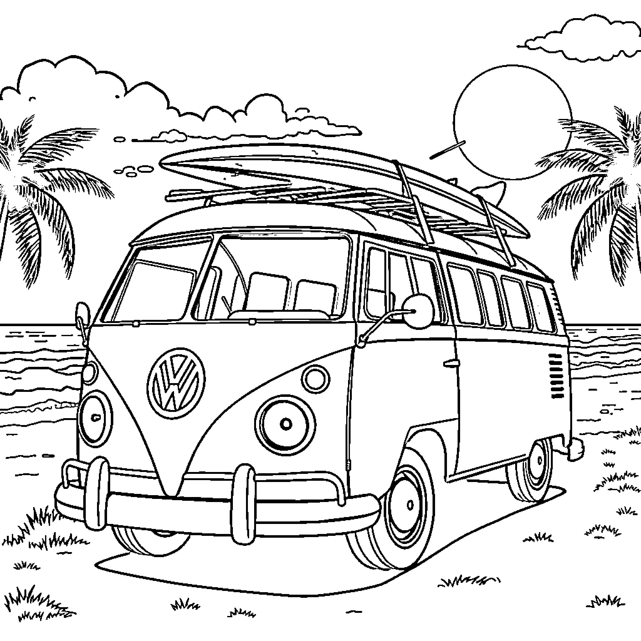 VW Bus surfing the waves on a tropical beach Coloring Page (free black-and-white line drawing printable PDF for all, from beginners to advanced learners, including children, teens, adults, and seniors)
