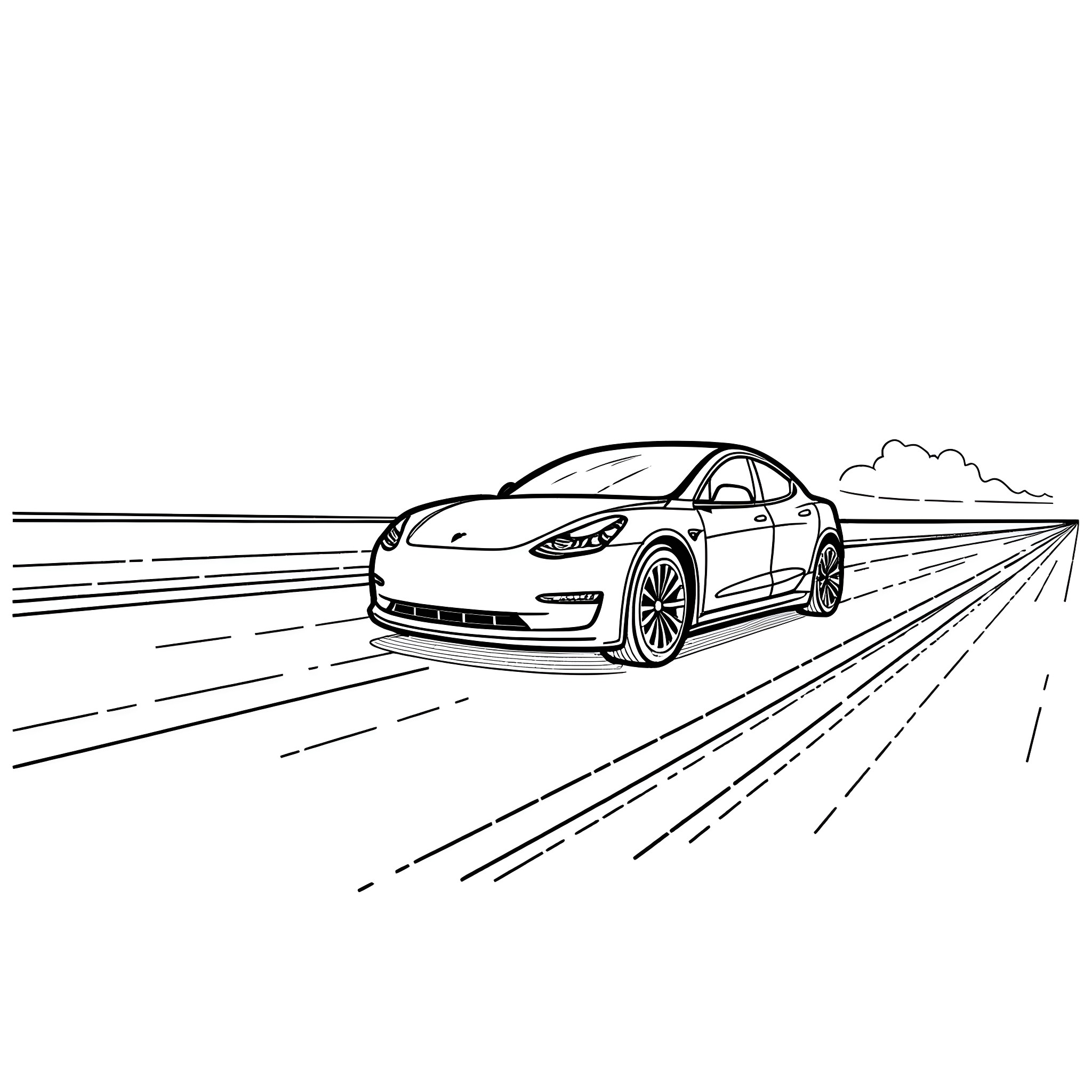 Tesla electric car speeding down the highway Coloring Page (free black-and-white line drawing printable PDF for all, from beginners to advanced learners, including children, teens, adults, and seniors)