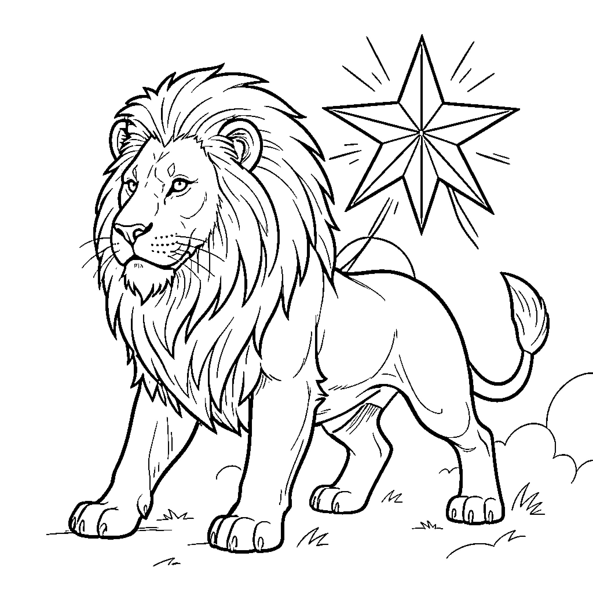 Lion staring at a bright star in the sky Coloring Page (free black-and-white line drawing printable PDF for all, from beginners to advanced learners, including children, teens, adults, and seniors)