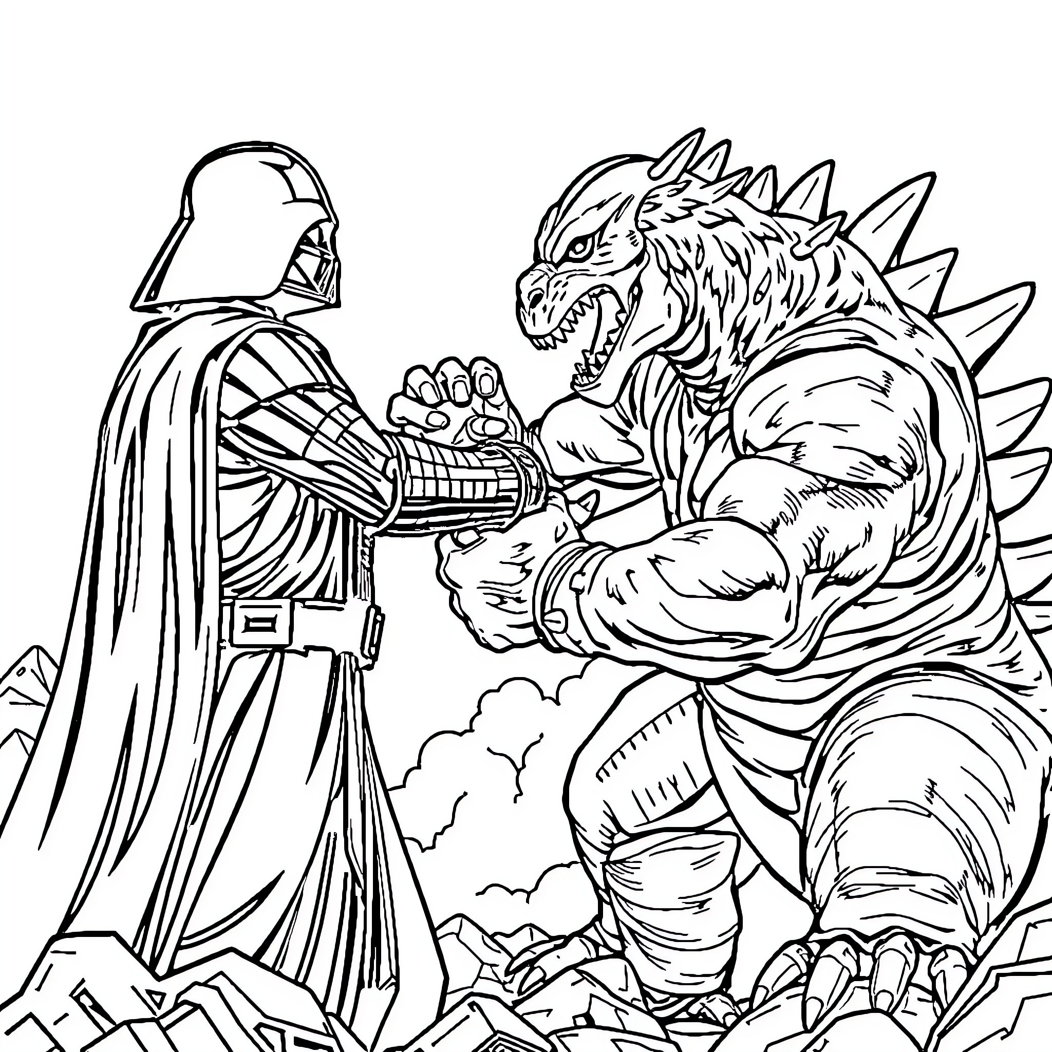 Darth Vader confronting a fearsome beast in battle Coloring Page (free black-and-white line drawing printable PDF for all, from beginners to advanced learners, including children, teens, adults, and seniors)