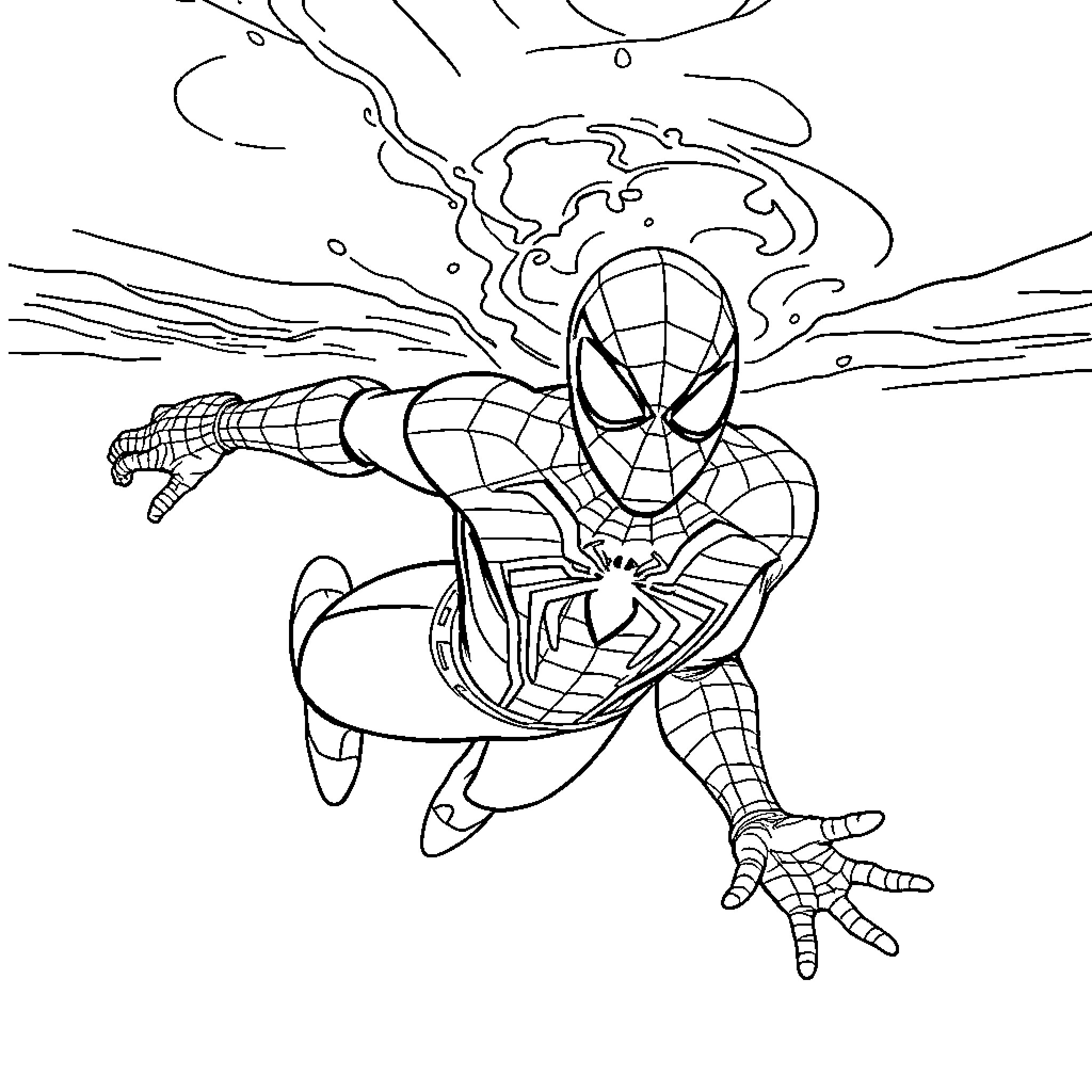 Spider-Man swinging through the air in an action pose Coloring Page (free black-and-white line drawing printable PDF for all, from beginners to advanced learners, including children, teens, adults, and seniors)