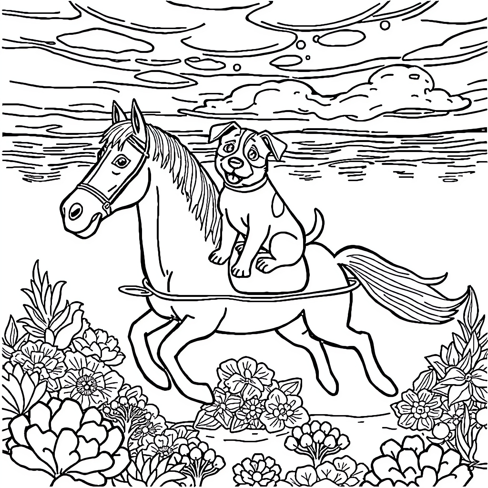 Dog and Horse Riding Together in Nature Coloring Page (free black-and-white line drawing printable PDF for all, from beginners to advanced learners, including children, teens, adults, and seniors)