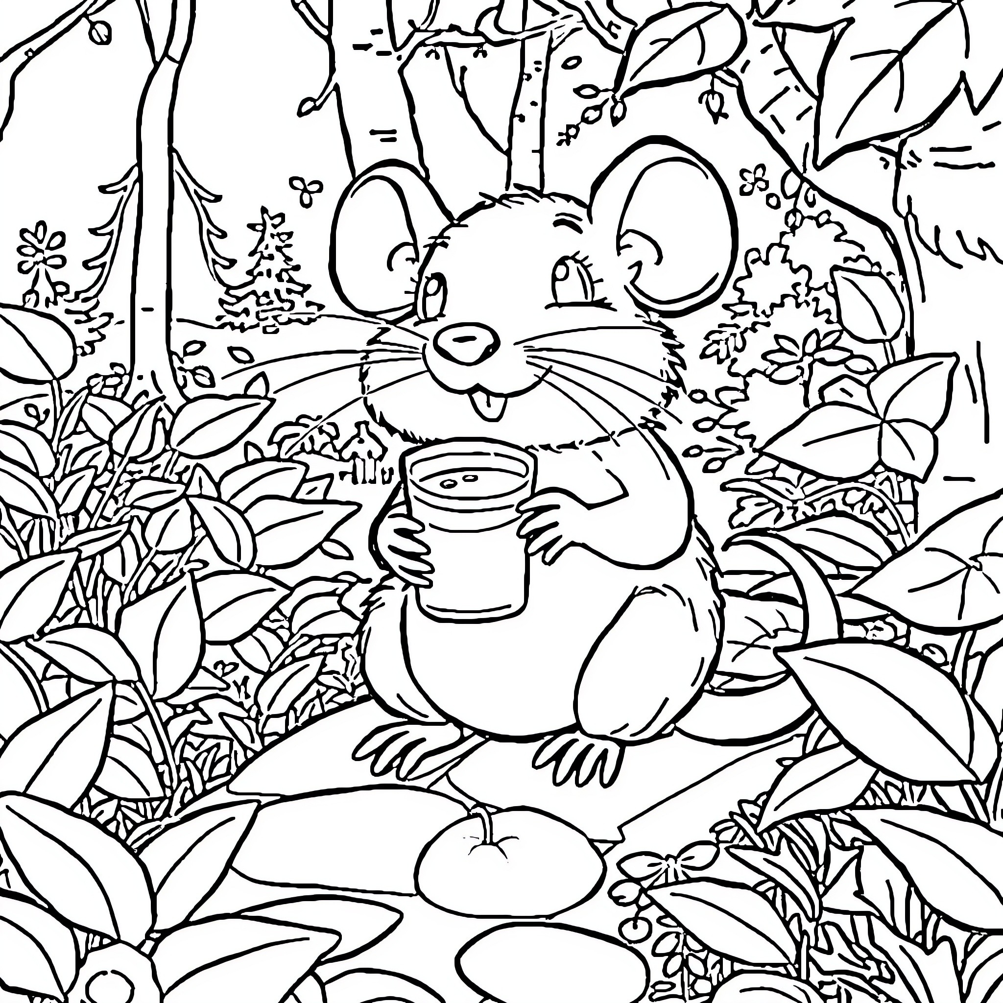 Rat enjoying a snack in the woodland Coloring Page (free black-and-white line drawing printable PDF for all, from beginners to advanced learners, including children, teens, adults, and seniors)