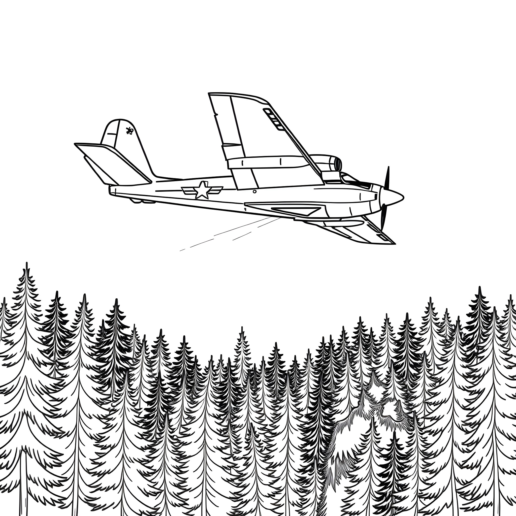 Canadair jet aircraft soaring over evergreen forest Coloring Page (free black-and-white line drawing printable PDF for all, from beginners to advanced learners, including children, teens, adults, and seniors)