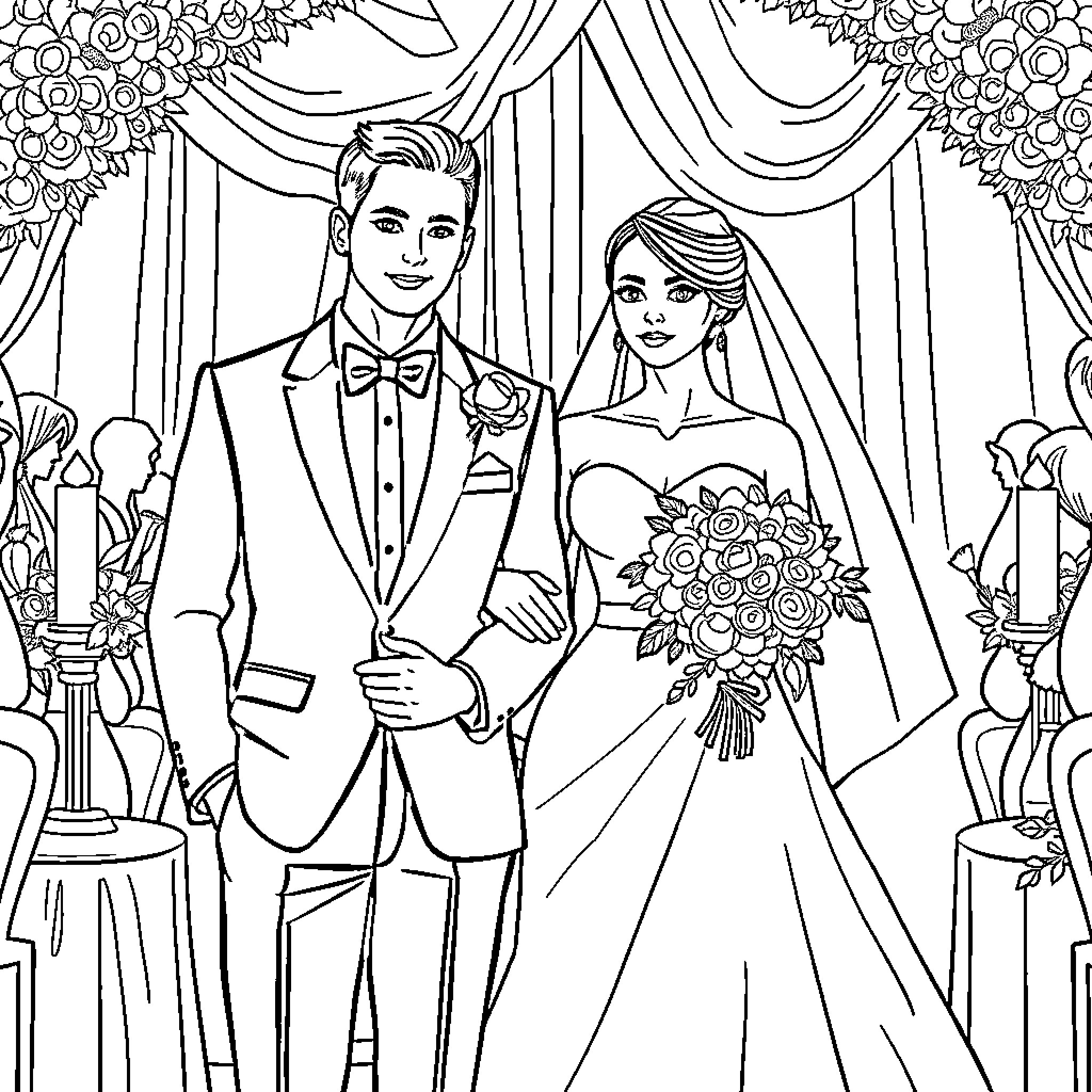 Bride and Groom in Elegant Wedding Ceremony Coloring Page (free black-and-white line drawing printable PDF for all, from beginners to advanced learners, including children, teens, adults, and seniors)