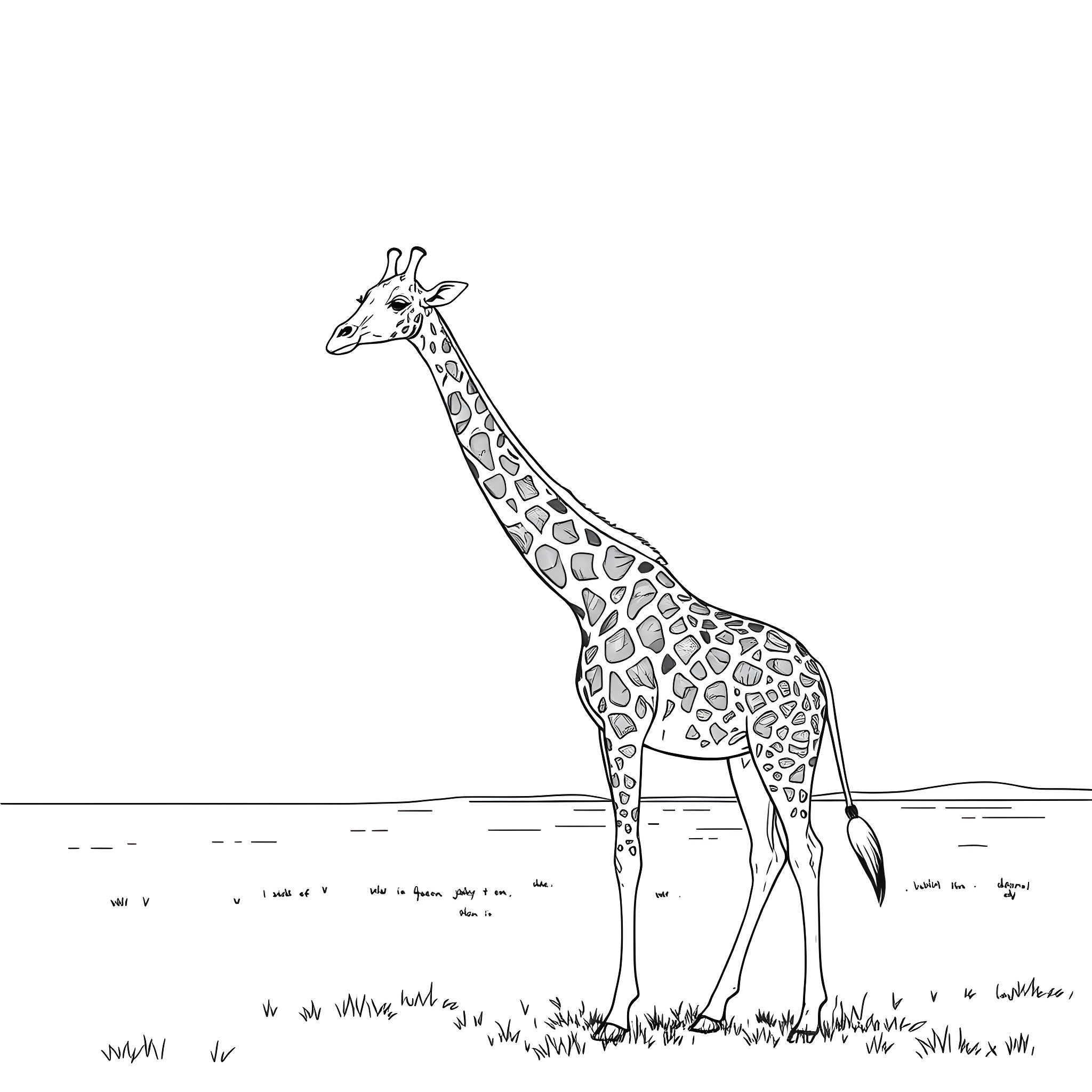 Giraffe standing in a grassy field Coloring Page (free black-and-white line drawing printable PDF for all, from beginners to advanced learners, including children, teens, adults, and seniors)