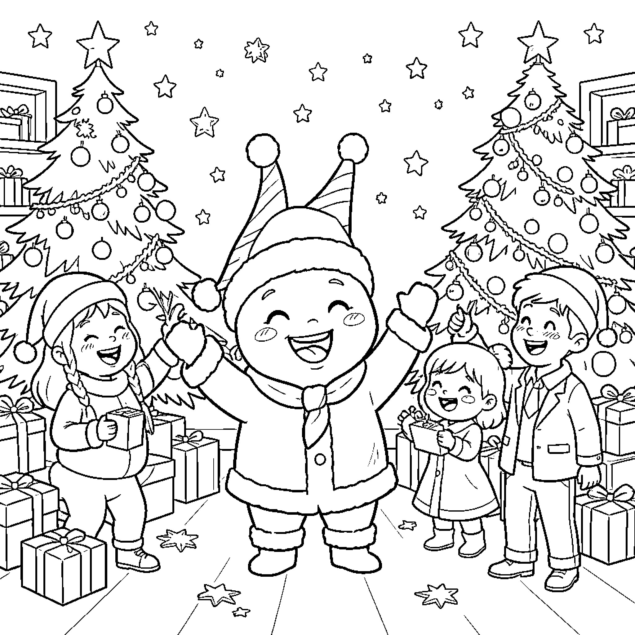 Tchoupi celebrates Christmas with family and friends Coloring Page (free black-and-white line drawing printable PDF for all, from beginners to advanced learners, including children, teens, adults, and seniors)