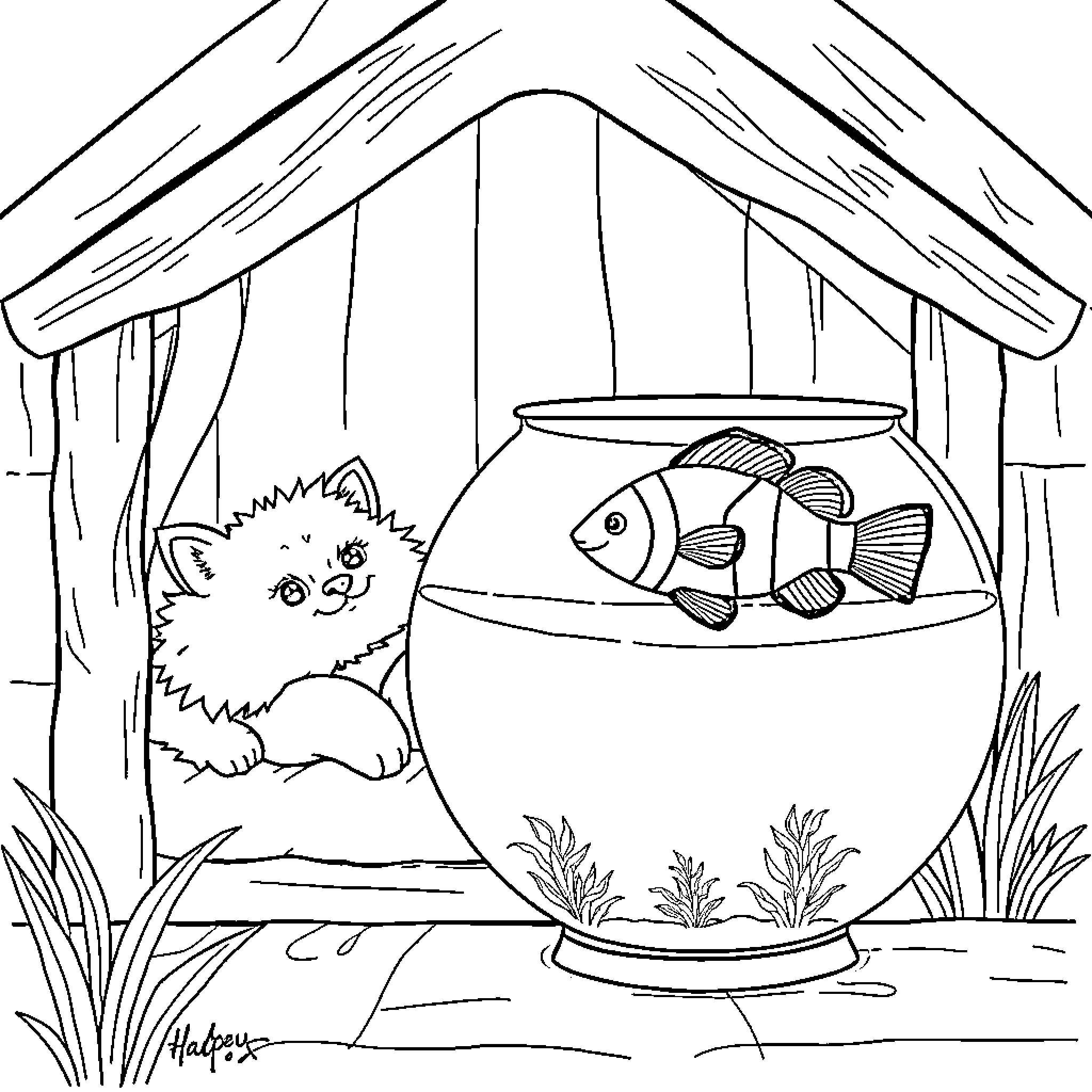 Cat observing fish in aquarium Coloring Page (free black-and-white line drawing printable PDF for all, from beginners to advanced learners, including children, teens, adults, and seniors)