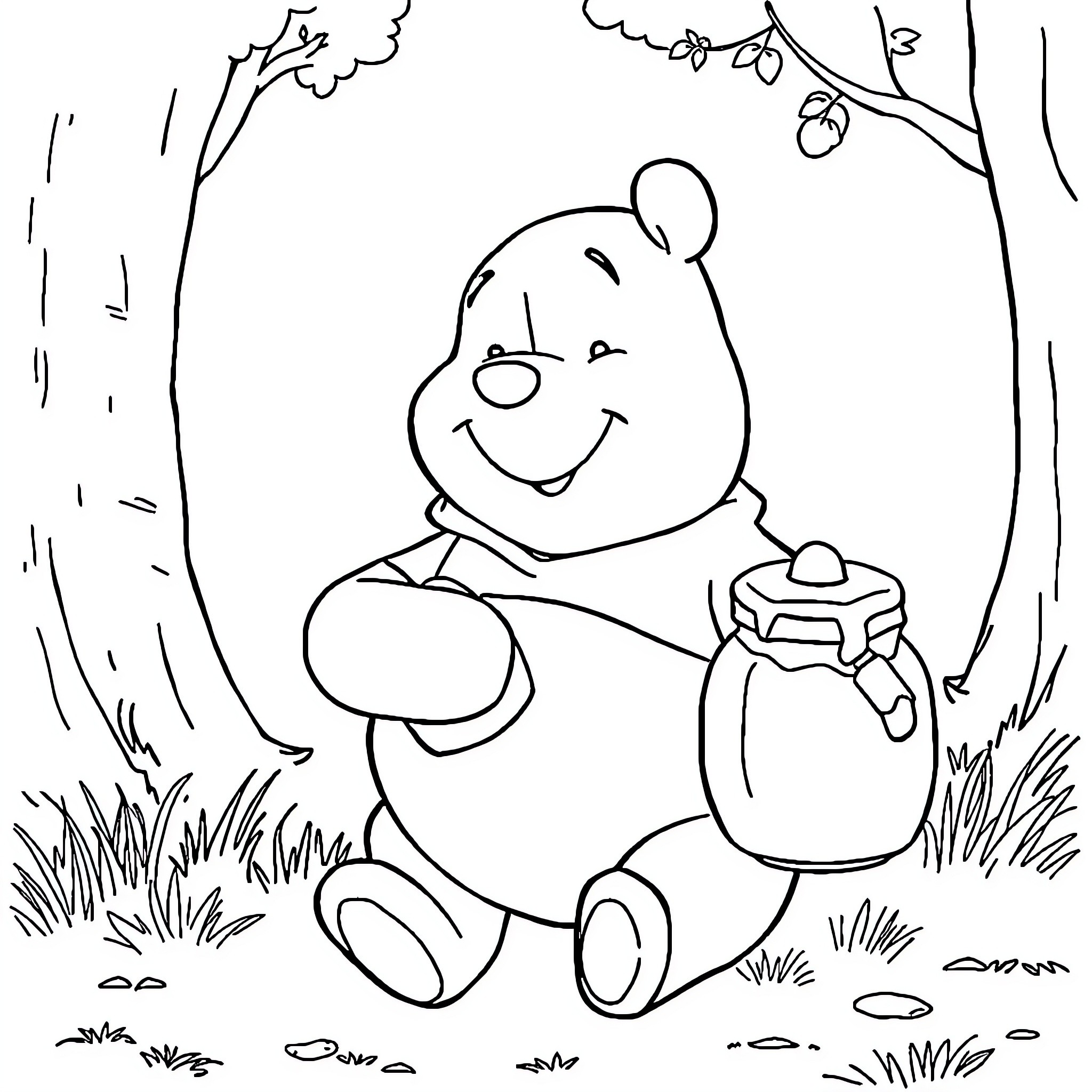 Pooh enjoying a sweet treat in the forest Coloring Page (free black-and-white line drawing printable PDF for all, from beginners to advanced learners, including children, teens, adults, and seniors)