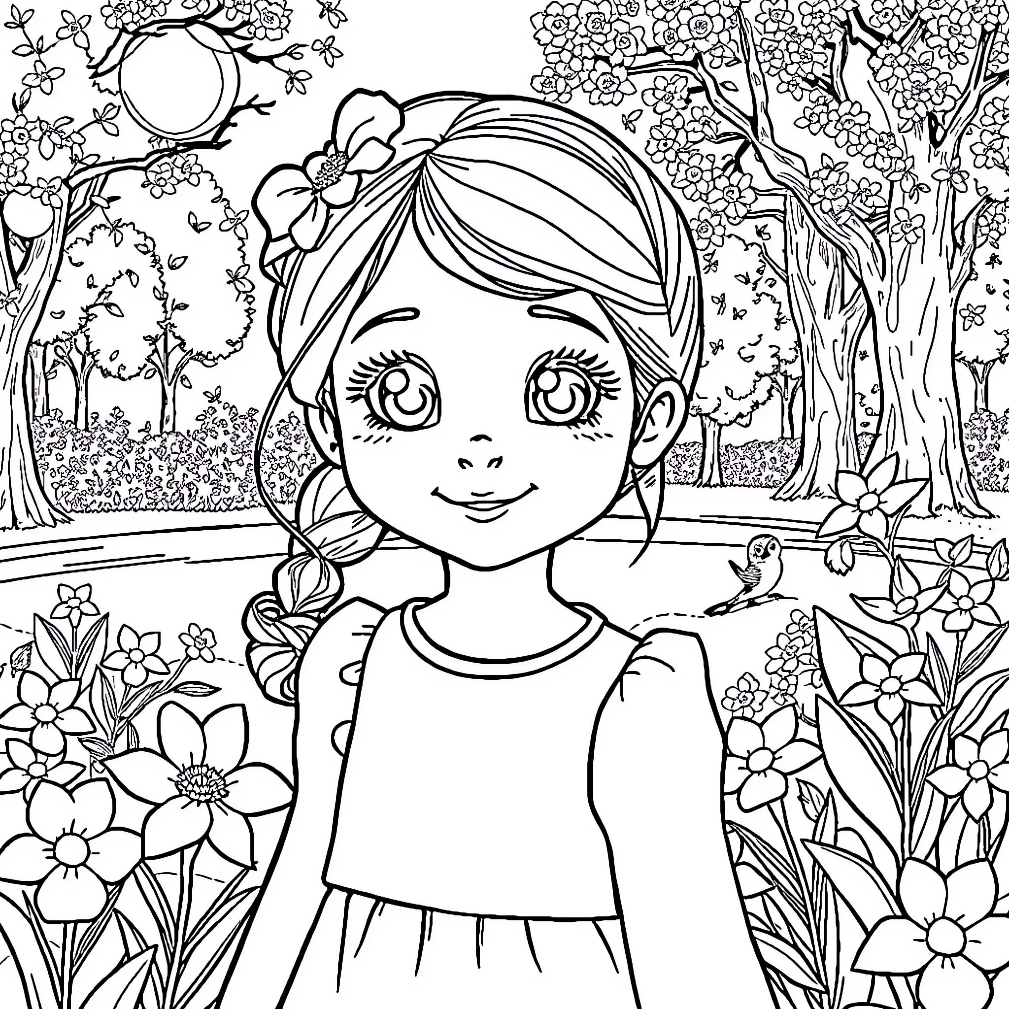 Zara Sofia's Whimsical Garden Adventure Coloring Page (free black-and-white line drawing printable PDF for all, from beginners to advanced learners, including children, teens, adults, and seniors)