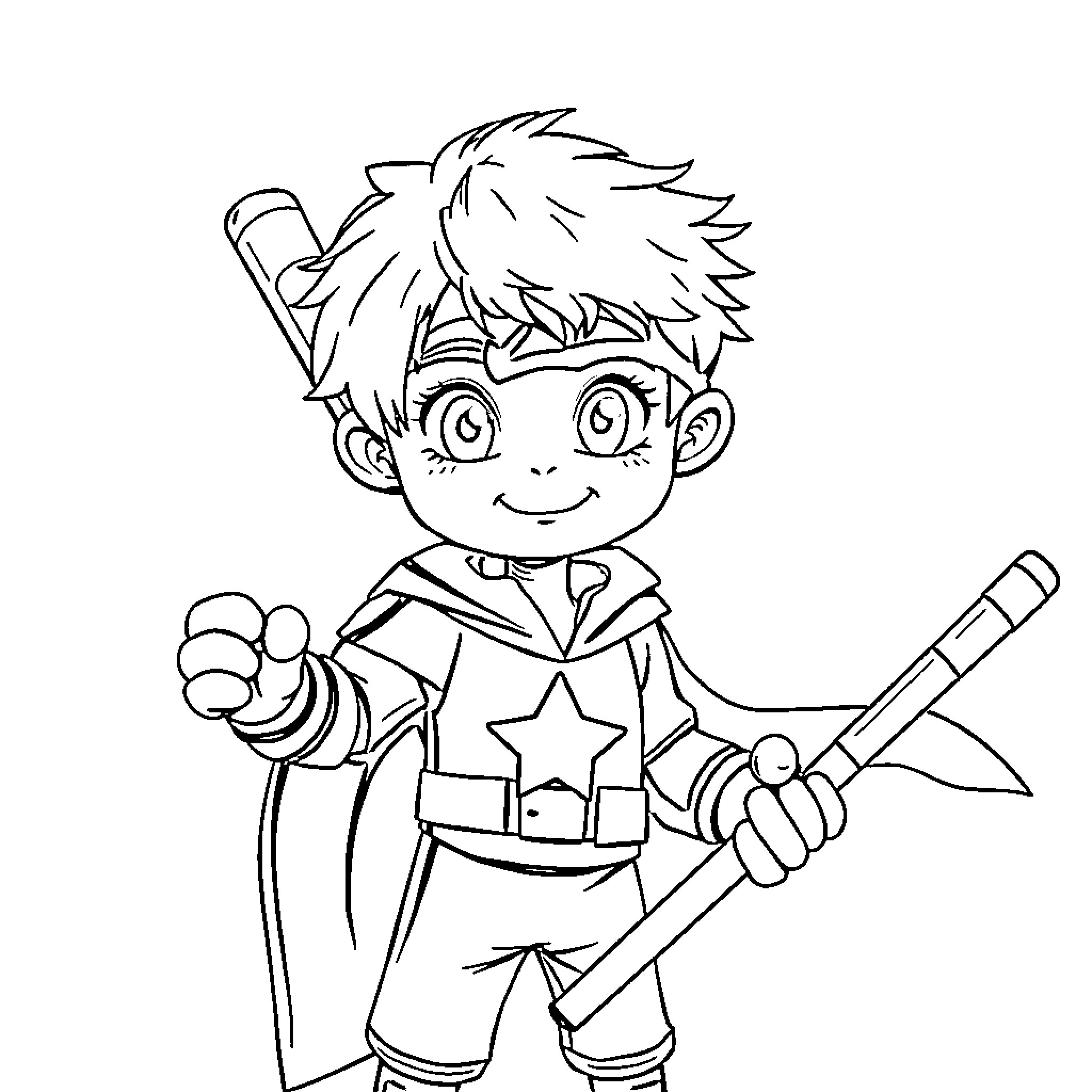 Boy happily holding a magic wand and pen Coloring Page (free black-and-white line drawing printable PDF for all, from beginners to advanced learners, including children, teens, adults, and seniors)