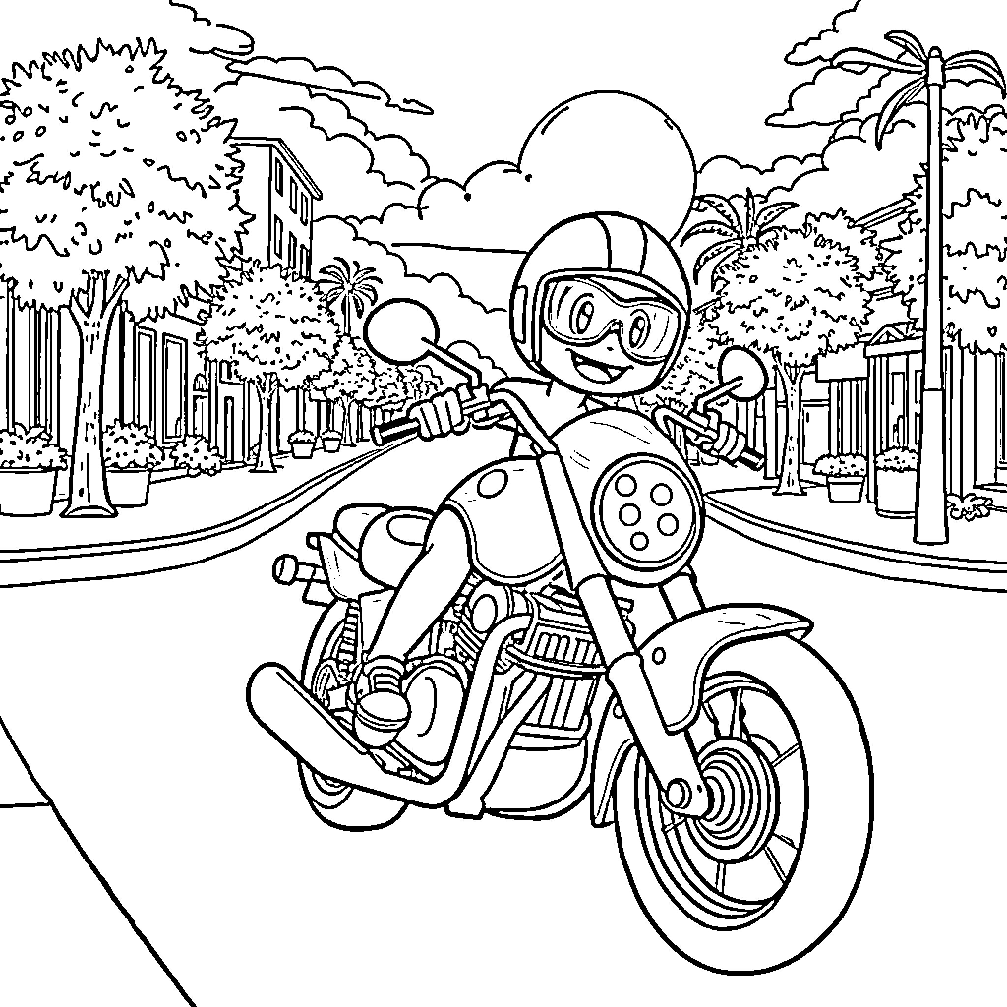 Bluey riding a motorcycle through the city Coloring Page (free black-and-white line drawing printable PDF for all, from beginners to advanced learners, including children, teens, adults, and seniors)